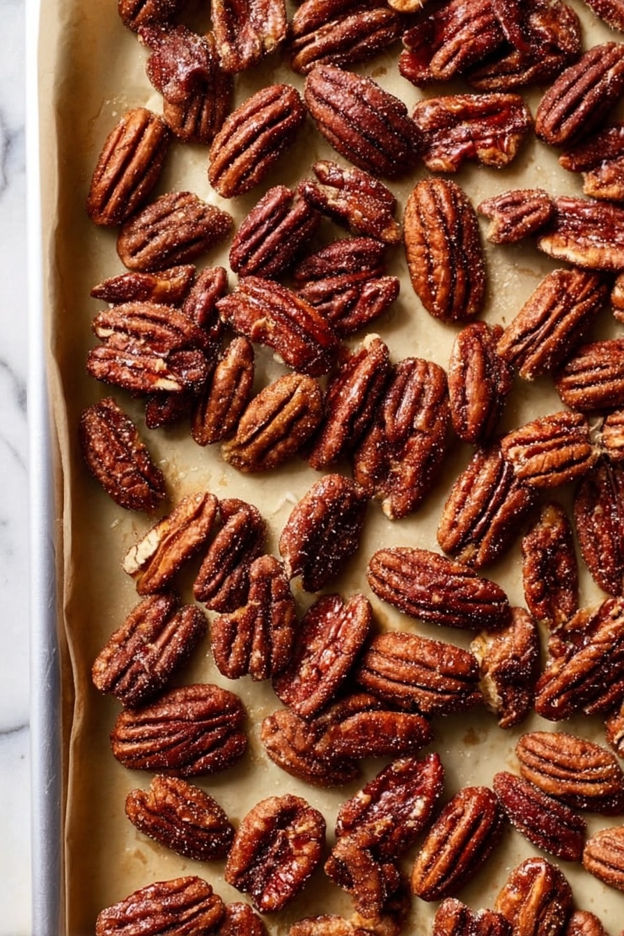 A close-up view of many roasted pecans spread evenly on a white baking tray lined with light brown parchment paper. The pecans are deep brown with a rough, glazed texture, showing small sugar crystals on their surface, and they vary slightly in size and shape. The background under the tray is a white marbled surface. photo taken with an iphone --ar 2:3 --v 7 - Candied Pecans, candied pecans recipe, how to make candied pecans, caramelized pecans, easy candied pecans