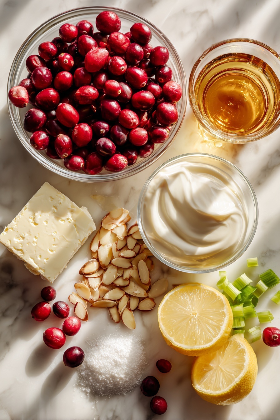 Flat lay of fresh bright red cranberries, a wedge of creamy soft cream cheese, a small pile of sparkling granulated sugar, thinly sliced vibrant green scallions, a scattering of golden sliced almonds, a lemon with a few pieces of finely grated lemon zest, a small splash of clear amber brandy in a glass drop, and a swirl of thick white heavy cream, all beautifully arranged with careful spacing and natural light highlighting their textures, placed on a white marble surface, photo taken with an iphone --ar 2:3 --v 7 - Cranberry Cream Cheese Spread with Almonds and Scallions, festive appetizer, holiday cheese spread, cranberry cheese dip, quick party appetizer