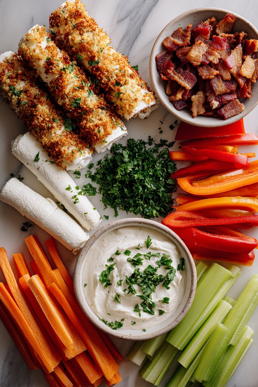 Flat lay of creamy white goat cheese logs, a small bowl of smooth sour cream, crispy golden pancetta cubes, toasted light brown panko breadcrumbs, fresh bright green chopped parsley, and colorful assorted raw vegetables like orange carrot sticks, red bell pepper slices, and green celery sticks, all beautifully arranged and separated on a white marble surface, photo taken with an iphone --ar 2:3 --v 7 - Whipped Goat Cheese with Crispy Pancetta, appetizer recipes, easy goat cheese appetizer, savory party starters, gourmet cheese snacks