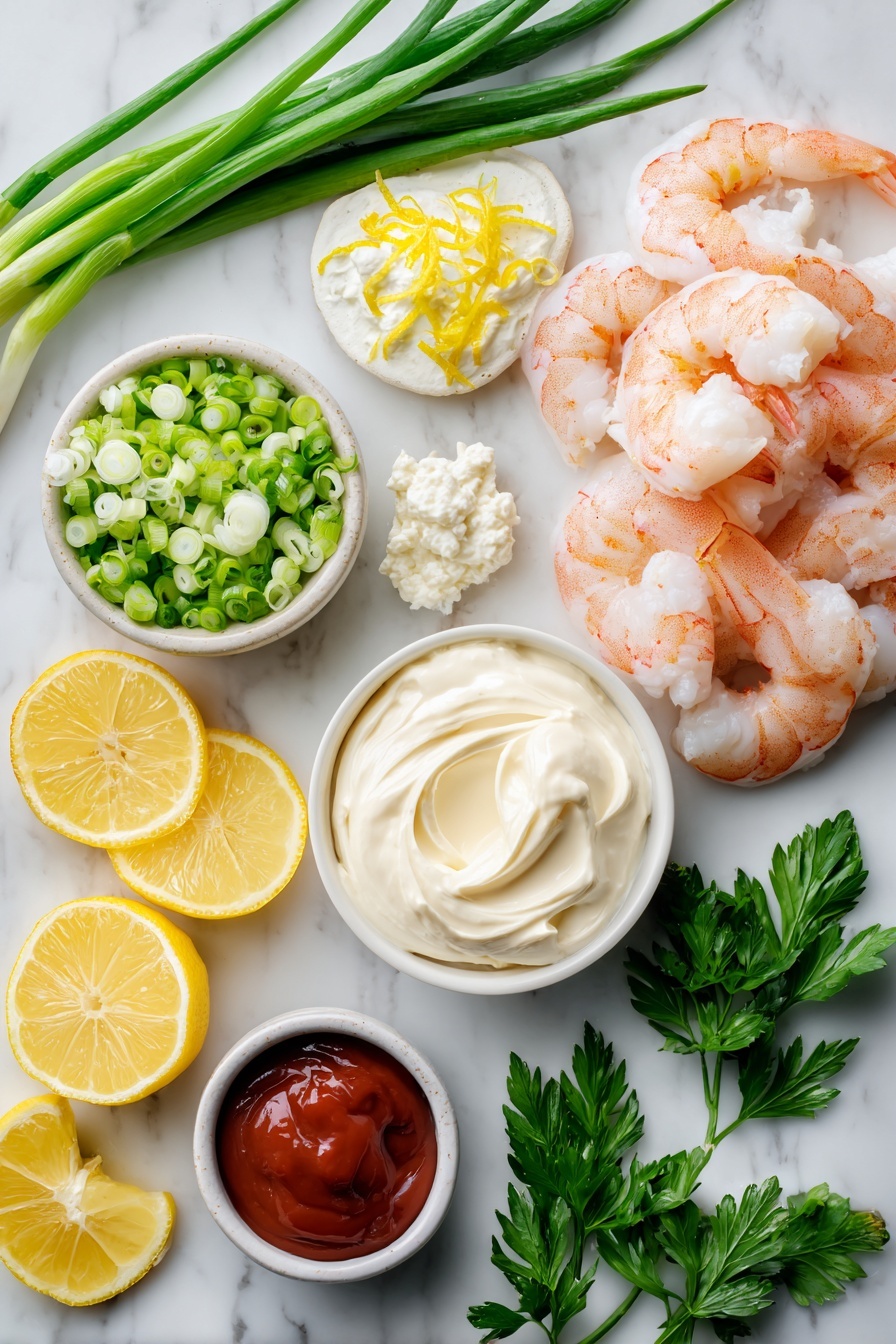 Flat lay of plump cooked shrimp, fresh green onions sliced thin, bright lemon zest and wedges of fresh lemon, vibrant chopped parsley, creamy softened cream cheese dollops, smooth mayonnaise swirl, and a small pool of rich red cocktail sauce, all beautifully arranged with scattered parsley leaves and lemon slices for color contrast, placed on a white marble surface, photo taken with an iphone --ar 2:3 --v 7 - Shrimp Dip, Shrimp Dip Recipe, Easy Shrimp Dip, Creamy Shrimp Appetizer, Seafood Dip