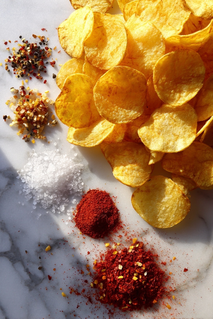Flat lay of golden kettle-cooked potato chips, bright red paprika powder, coarse black peppercorns, granules of garlic salt, and vibrant red cayenne pepper flakes, all beautifully arranged in small piles and scattered lightly, placed on a white marble surface, photo taken with an iphone --ar 2:3 --v 7 - Spiced-Up Potato Chips, homemade spiced chips, flavored potato chips, easy snack recipe, gourmet potato chips