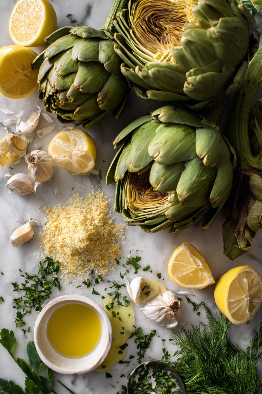 Flat lay of fresh whole artichokes with their green layered leaves gently opened, bright yellow lemon halves and zested peel, scattered fragrant garlic cloves, small anchovy filets glistening with olive oil, a pile of golden Italian seasoned breadcrumbs mixed with finely grated parmesan cheese, vibrant chopped Italian parsley sprinkled around, and a small pool of melted butter, all beautifully arranged on a white marble surface, photo taken with an iphone --ar 2:3 --v 7 - Stuffed Artichokes with Parmesan and Breadcrumbs, stuffed artichoke recipes, cheesy artichoke appetizers, easy stuffed artichokes, savory Italian stuffed artichokes