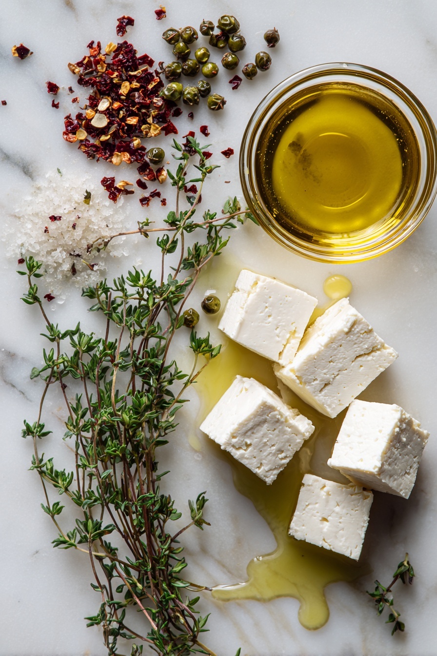 Flat lay of a block of feta cheese cut into cubes, fresh green peppercorns glistening in brine, vibrant sprigs of thyme with tiny green leaves, crushed red pepper flakes scattered delicately, a small pile of white wine vinegar drops shimmering, and a small pool of golden extra-virgin olive oil, all beautifully arranged in a natural, colorful composition, placed on a white marble surface, photo taken with an iphone --ar 2:3 --v 7 - Green Peppercorn-Marinated Feta, feta cheese marinated with green peppercorns, flavored feta cheese, easy feta marinade, cheese appetizer ideas