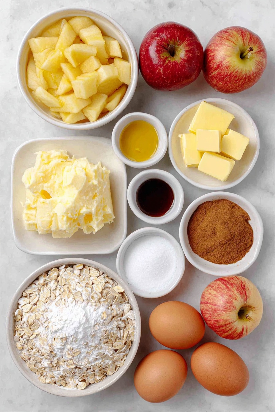 Flat lay of peeled and chopped large apples in a simple white ceramic bowl, a small white bowl of all-purpose flour, a small white bowl of brown sugar, a small white bowl with fresh lemon juice, a small white bowl with vanilla extract, a small white bowl of ground cinnamon, a small white bowl of ground nutmeg, a small white bowl of sea salt, whole rolled oats in a simple white ceramic bowl, cold unsalted butter cut into small cubes on a white ceramic plate, and two whole uncracked brown eggs arranged in perfect symmetry placed on a clean white marble surface, soft natural light, photo taken with an iPhone, professional food photography style, fresh ingredients, white ceramic bowls, no bottles, no duplicates, no utensils, no packaging --ar 2:3 --v 7 --p awthu7i m7354615311229779997 - Apple Crisp, Easy Apple Crisp, comforting apple dessert, simple apple crumble, quick apple dessert