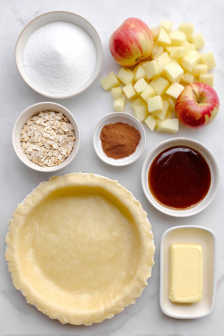 Flat lay of a small white ceramic plate with a perfectly round homemade pie crust, a handful of peeled and diced Gala, Fuji, Braeburn, and Empire apples showing fresh white flesh and warm red and yellow skins, a small white bowl filled with white granulated sugar, another small white bowl holding light brown all-purpose flour, a small white bowl containing packed brown sugar with a rich molasses color, a small white bowl of old-fashioned rolled oats, a small white bowl with ground cinnamon of a reddish-brown fine powder, a small white bowl with a quarter cup of softened salted butter showing creamy texture, and a small white bowl with glossy caramel topping, all arranged symmetrically and balanced on a clean white marble surface, soft natural light, photo taken with an iPhone, professional food photography style, fresh ingredients, white ceramic bowls, no bottles, no duplicates, no utensils, no packaging --ar 2:3 --v 7 --p awthu7i m7354615311229779997 - Apple Crisp Pizza, apple crisp dessert pizza, easy apple dessert, fruit pizza recipe, sweet pizza with apples