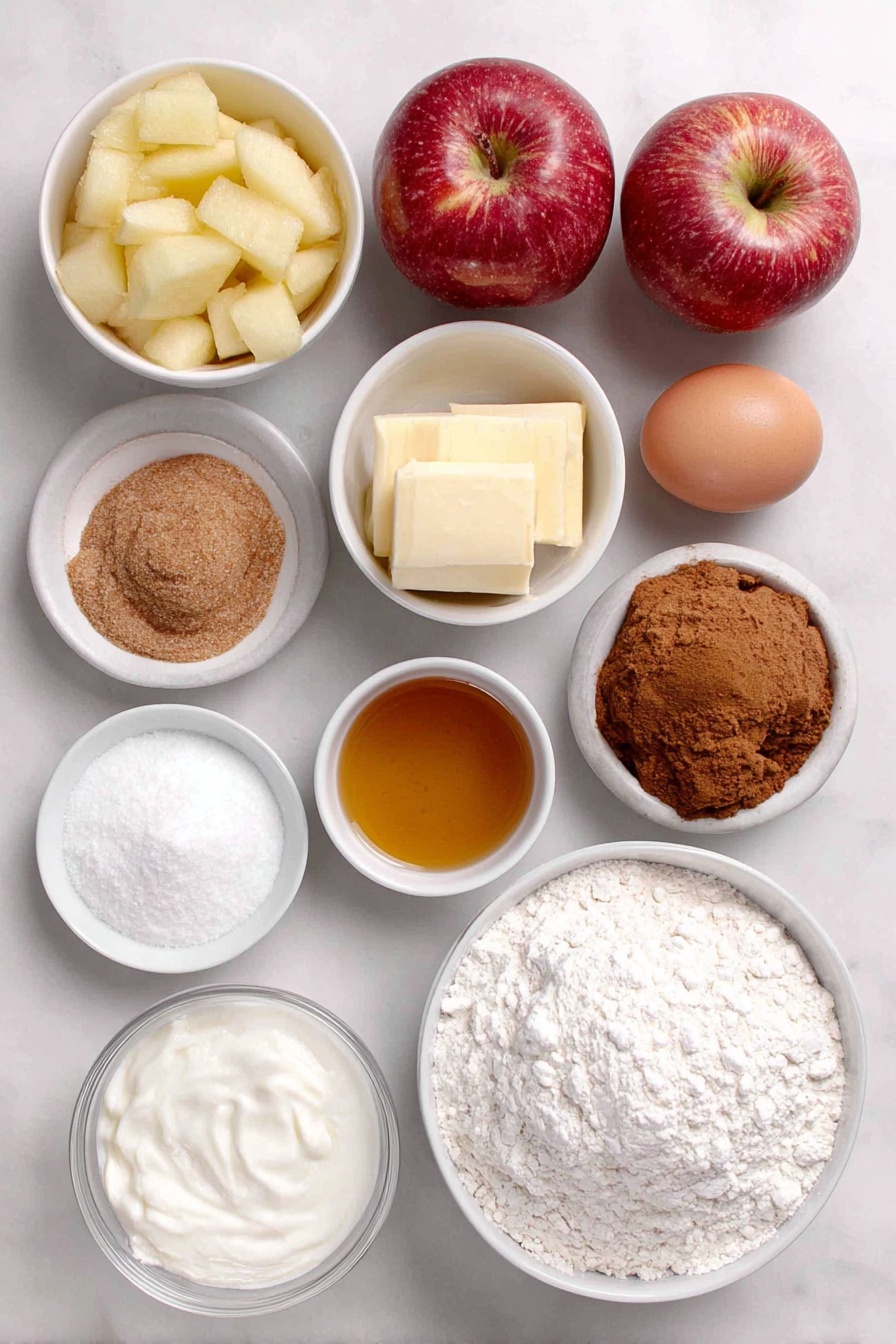 Flat lay of fresh peeled and chopped medium baking apples, a small mound of light brown sugar, a small white bowl of ground cinnamon powder, a small white bowl of ground ginger powder, a single large uncracked egg with a clean shell, a small mound of white granulated sugar, a small white bowl of vegetable oil, a small white bowl of full-fat sour cream, a small white bowl of vanilla extract, a small mound of all-purpose flour, a small white bowl of baking soda powder, a small white bowl of kosher salt, a small white bowl of sifted powdered sugar, a small white bowl of milk placed on a clean white marble surface, soft natural light, photo taken with an iPhone, professional food photography style, fresh ingredients, white ceramic bowls, no bottles, no duplicates, no utensils, no packaging --ar 2:3 --v 7 --p awthu7i m7354615311229779997 - Amish Apple Fritter Bread, cinnamon apple bread, fall baked goods, apple bread with glaze, homemade apple bread recipe