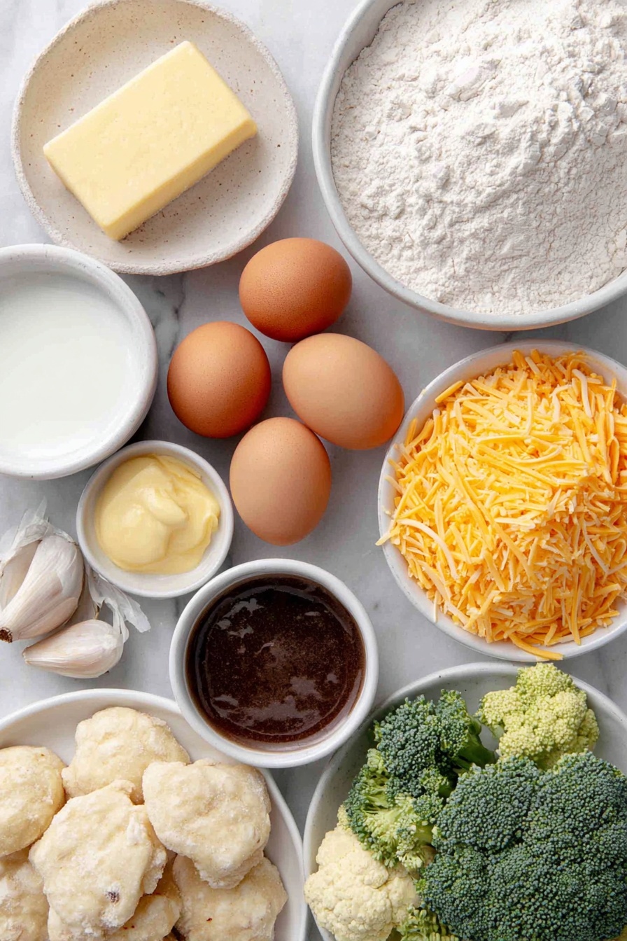 Flat lay of a small pat of creamy yellow butter, one small white onion halved to show fresh layers, two whole uncracked brown eggs, two cloves of fresh garlic with papery skin, a small white ceramic bowl filled with fine white all-purpose flour, a small white bowl of smooth whole milk, a small white bowl of pale heavy cream, a small white bowl containing golden chicken broth, a small white bowl with smooth Dijon mustard, a small white bowl holding dark Worcestershire sauce, a large bright orange shredded carrot mound, a neat pile of fresh green broccoli florets, a cluster of pillowy potato gnocchi, and a pile of freshly shredded sharp orange cheddar cheese, all arranged symmetrically on a clean white marble surface, soft natural light, photo taken with an iPhone, professional food photography style, fresh ingredients, white ceramic bowls, no bottles, no duplicates, no utensils, no packaging --ar 2:3 --v 7 --p awthu7i m7354615311229779997 - Broccoli Cheddar Gnocchi Soup, creamy broccoli soup, easy vegetable soup, hearty gnocchi soup, comforting potato and cheese soup