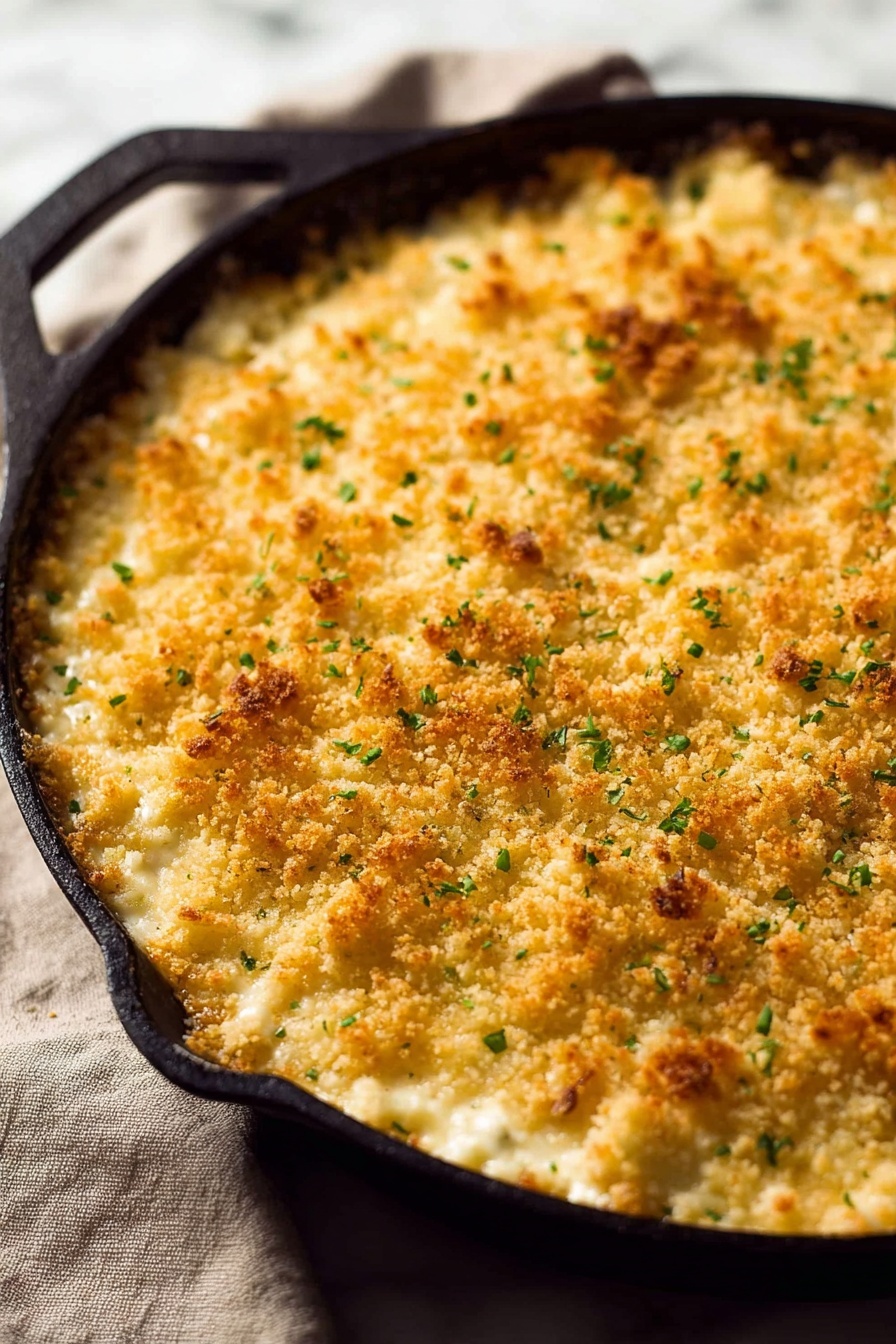 The image shows a close-up of a slice of baked macaroni and cheese being lifted, with long strings of melted white cheese stretching down from the main dish. The macaroni is covered with a thick layer of creamy, white cheese sauce visible inside, topped with a golden-brown crumbly layer with a slightly crispy texture and small green herb bits scattered on top. The background is a white marbled texture, and the dish rests in a white container. The focus is on the gooey cheese stretching and the crunchy topping on the macaroni. photo taken with an iphone --ar 2:3 --v 7 - Baked Mac and Cheese, cheesy baked pasta, homemade mac and cheese, crispy top mac and cheese, easy baked pasta recipe