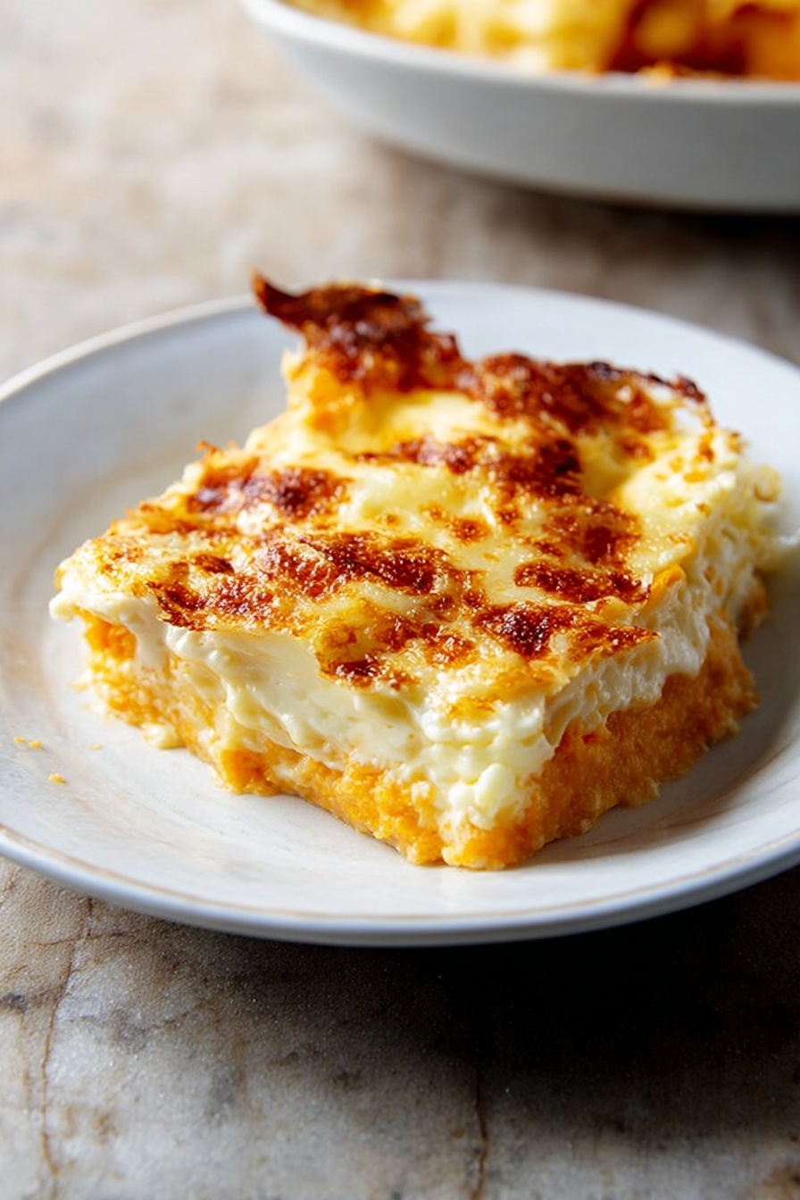 A white plate holds a single slice of layered cheesy casserole. The bottom layer is a soft, orange mashed base with a slightly rough texture. Above it is a creamy white layer topped with melted cheese that has browned spots and a bubbly texture. The edges show some golden-brown crisping, and the slice looks warm and soft. The white plate sits on a white marbled surface. photo taken with an iphone --ar 2:3 --v 7 - Roasted Butternut Squash Lasagna, butternut squash lasagna recipe, fall vegetarian lasagna, cheesy butternut squash casserole, cozy vegan lasagna