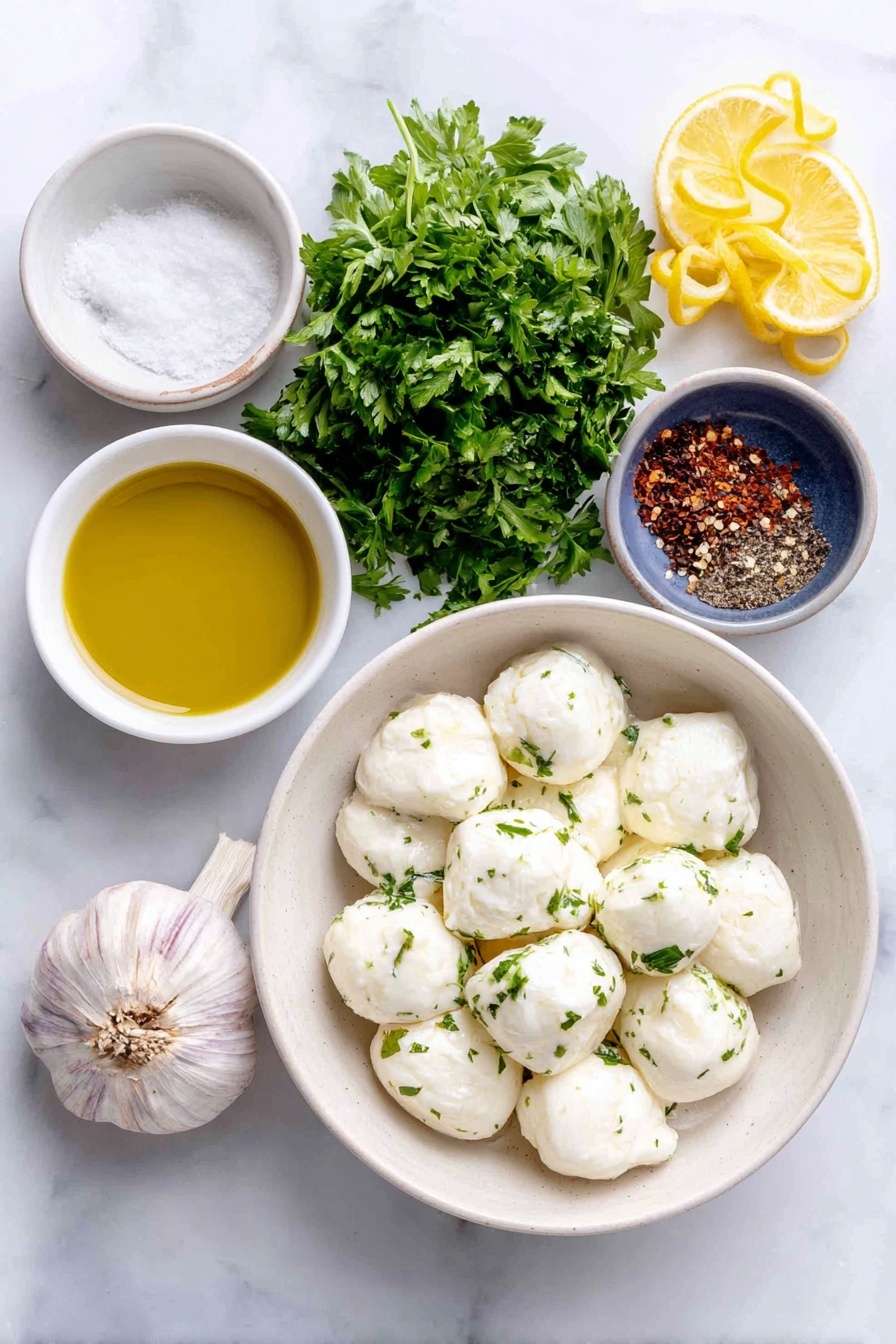 Flat lay of fresh ciliegine mozzarella balls, a small bunch of bright green chopped parsley and basil leaves, a few lemon wedges with vibrant yellow zest curls, a whole garlic bulb with one peeled clove grated, a small white bowl of golden extra-virgin olive oil, a tiny white bowl of coarse sea salt crystals, and a tiny white bowl of red pepper flakes, all arranged in perfect symmetry on simple white ceramic dishes, placed on a clean white marble surface, soft natural light, photo taken with an iPhone, professional food photography style, fresh ingredients, white ceramic bowls, no bottles, no duplicates, no utensils, no packaging --ar 2:3 --v 7 --p awthu7i m7354615311229779997 - Marinated Mozzarella Balls, Marinated Mozzarella appetizer, Italian mozzarella snack, fresh herb mozzarella, easy party appetizer