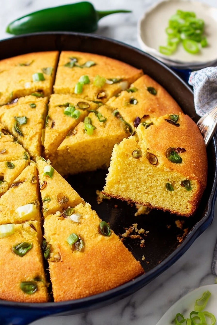A round yellow cornbread baked in a dark blue cast iron pan, cut into nine square pieces, with green onion pieces visible on the top surface and scattered inside the cornbread. One piece is slightly pulled out but still touching the pan. The pan is set on a white marbled surface with two green chili peppers and a white plate with green onion slices nearby. Photo taken with an iphone --ar 2:3 --v 7 - Spicy Jalapeño Cornbread, jalapeño cornbread recipe, spicy cornbread with jalapeños, cheesy jalapeño cornbread, flavorful cornbread side dish