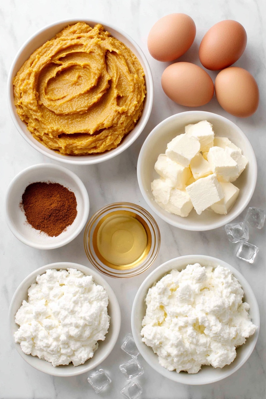 Flat lay of a small white bowl of bright orange pumpkin puree, a small white bowl of golden maple syrup, a small white bowl of creamy half-and-half, a small white bowl of warm brown pumpkin pie spice powder, two whole uncracked brown eggs, a small white bowl of fluffy white whipped cream dollops, a handful of clear ice cubes scattered neatly, two simple white ceramic martini glasses empty, placed on a clean white marble surface, soft natural light, photo taken with an iPhone, professional food photography style, fresh ingredients, white ceramic bowls, no bottles, no duplicates, no utensils, no packaging --ar 2:3 --v 7 --p awthu7i m7354615311229779997 - Pumpkin Pie Martini, fall cocktail recipes, pumpkin spice drinks, easy fall cocktails, festive pumpkin beverages