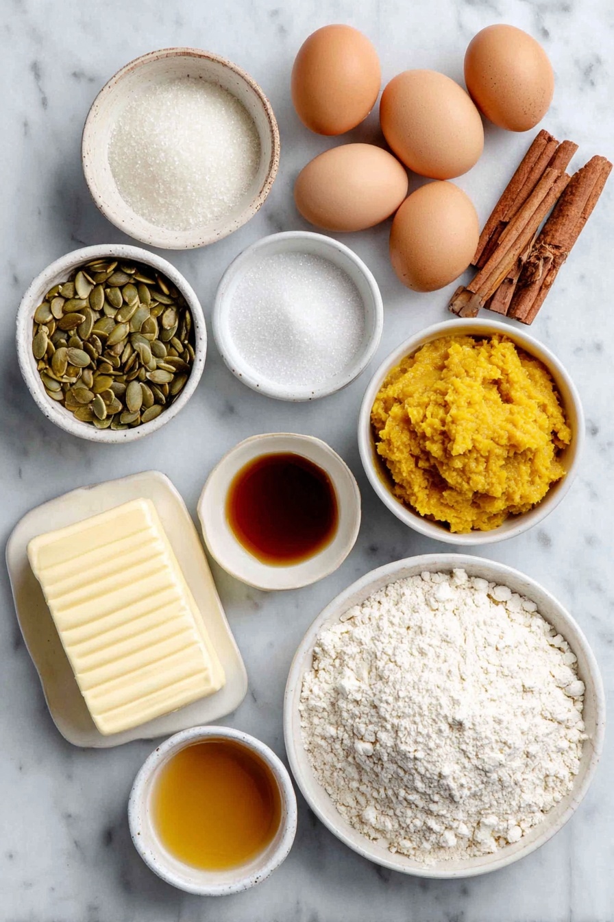 Flat lay of a stick of butter softly melting in a simple white ceramic bowl, three whole brown eggs with smooth shells arranged side by side, a small white bowl filled with granulated sugar crystals sparkling in natural light, a mound of fresh pumpkin puree with vibrant orange color on a white plate, a small white bowl holding warm amber-colored brown butter, two small white bowls with pale cream-colored heavy cream and golden amber bourbon side by side, a few dried orange-hued pumpkin pie spice leaves and sticks artistically scattered next to a small pile of light brown cinnamon sticks and yellowish ginger roots, a small white bowl containing fine white all-purpose flour, a simple white ceramic dish with roasted pepitas showcasing their glossy green shells, and a small white bowl of clear golden caramel glaze, all ingredients arranged symmetrically and balanced on a clean white marble surface, soft natural light, photo taken with an iPhone, professional food photography style, fresh ingredients, white ceramic bowls, no bottles, no duplicates, no utensils, no packaging --ar 2:3 --v 7 --p awthu7i m7354615311229779997 - Pumpkin Donuts with Bourbon Caramel Glaze, pumpkin spice donuts, fall donut recipes, bourbon caramel glaze, cozy autumn treats