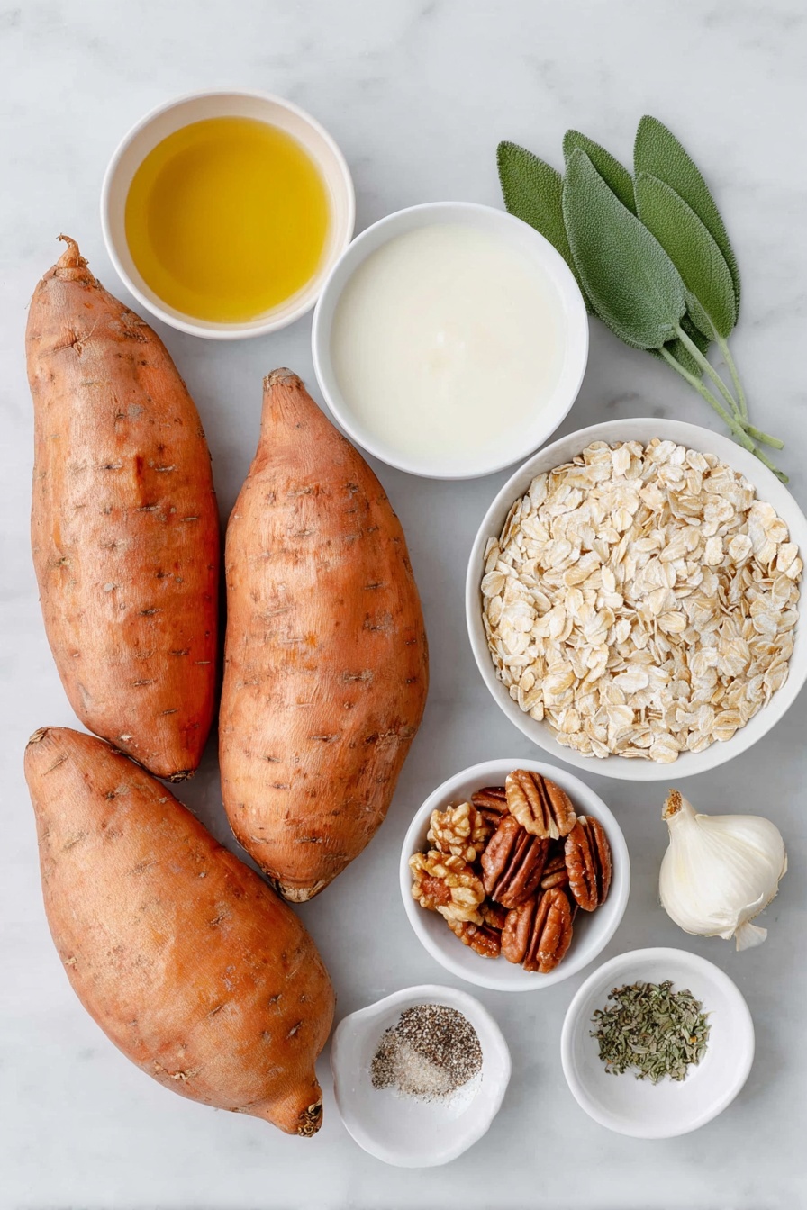 Flat lay of five large bright orange sweet potatoes, a small white bowl of golden extra-virgin olive oil, a small white bowl of creamy milk, a small white bowl of fresh green sage leaves, a small white bowl of whole rolled oats, a small white bowl of whole pecans, a small white bowl of whole walnuts, one peeled garlic clove, a small white bowl of amber maple syrup, a small white bowl of dried thyme leaves, a small white bowl of minced fresh rosemary, a small white bowl of coarse sea salt, a small white bowl of freshly ground black pepper, all arranged in perfect symmetry on a clean white marble surface, soft natural light, photo taken with an iPhone, professional food photography style, fresh ingredients, white ceramic bowls, no bottles, no duplicates, no utensils, no packaging --ar 2:3 --v 7 --p awthu7i m7354615311229779997 - Sweet Potato Casserole with Nut Crumble, holiday side dish recipes, easy sweet potato casserole, festive Thanksgiving sides, nut topping sweet potato