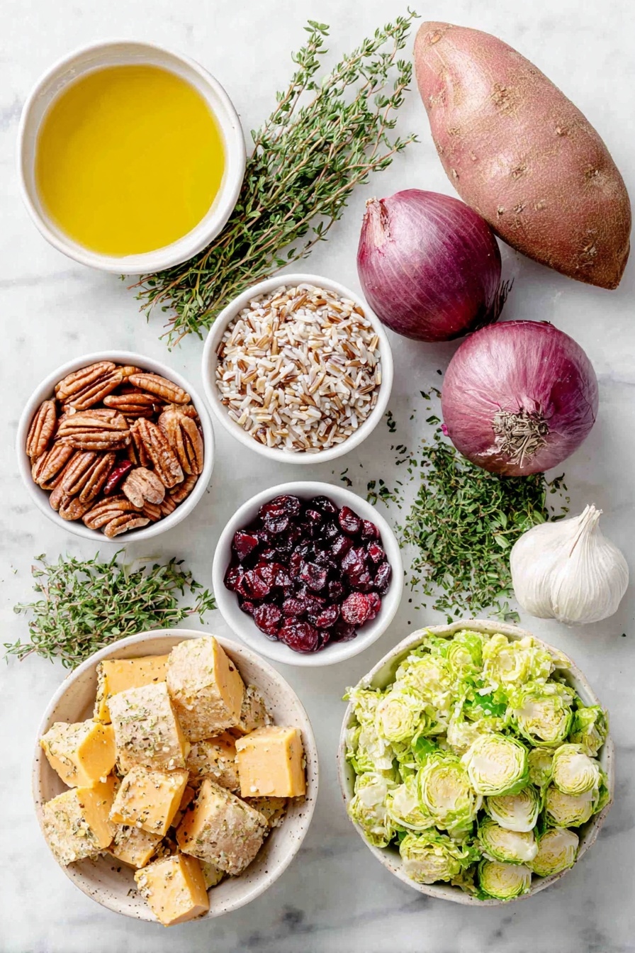 Flat lay of a small mound of dry brown wild rice blend, a few bright orange sweet potato cubes, two whole shallots with pale purple skins, a small white bowl of extra-virgin olive oil, a small white bowl of amber apple cider vinegar, a single fresh garlic clove, a small bunch of fresh thyme sprigs, a small white bowl of coarse sea salt, a small pile of shaved bright green Brussels sprouts, a small heap of dried deep red cranberries, a small pile of chopped pecans, a small bunch of vibrant fresh parsley leaves, a couple of whole brown eggs, freshly ground black pepper scattered lightly on the surface, all arranged symmetrically in simple white ceramic bowls and directly on the surface, placed on a clean white marble surface, soft natural light, photo taken with an iPhone, professional food photography style, fresh ingredients, white ceramic bowls, no bottles, no duplicates, no utensils, no packaging --ar 2:3 --v 7 --p awthu7i m7354615311229779997 - Wild Rice Pilaf with Sweet Potatoes and Cranberries, healthy wild rice side dish, fall vegetable recipes, colorful holiday side, vegan rice casserole