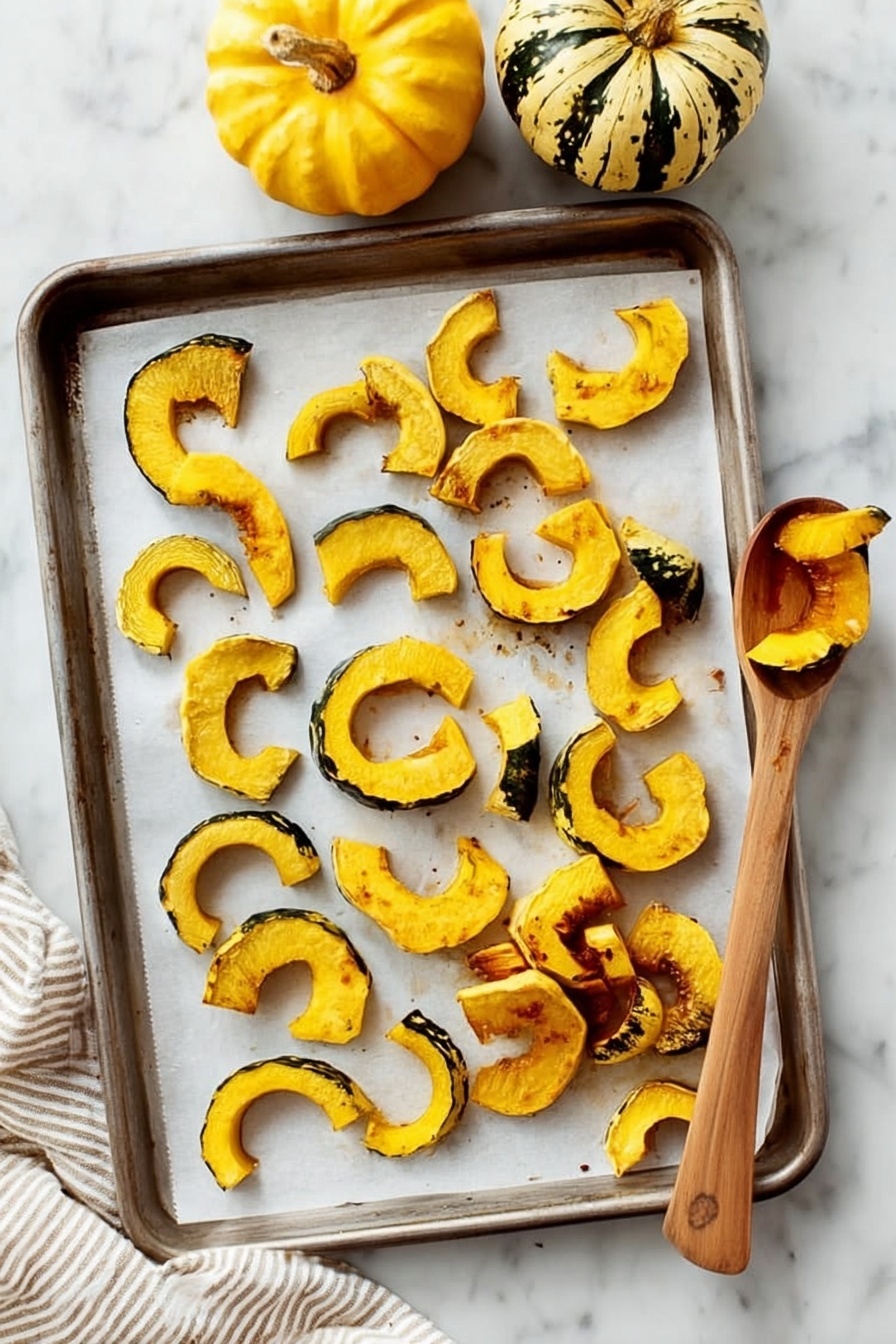 The image shows a baking tray covered with white parchment paper holding roasted squash pieces. There are two round whole squashes at the top of the tray, one with yellow skin and green stripes and the other similar but smaller. The tray is filled with curved squash slices, with bright yellow flesh and some brown roasted edges, scattered evenly across it. A wooden spoon rests on the tray with two pieces of roasted squash on it. The tray sits on a white marbled surface with parts of a white and beige striped cloth visible on the side. photo taken with an iphone --ar 2:3 --v 7 - Roasted Delicata Squash and Apple Salad, Delicata Squash and Apple Salad, Fall Salad Recipes, Healthy Roasted Vegetable Salad, Cozy Autumn Salad