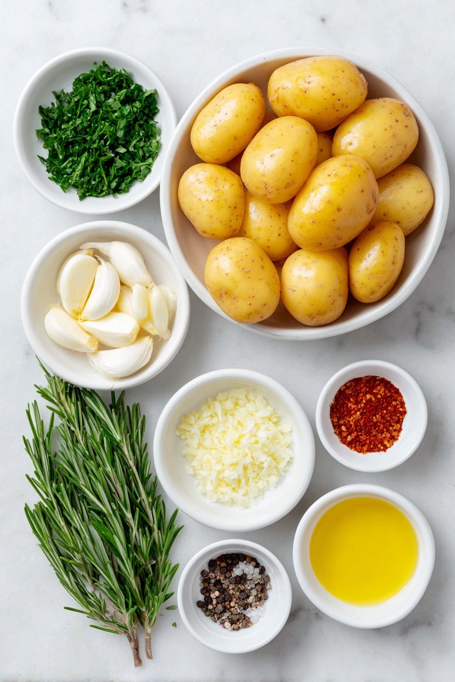 Flat lay of small halved yellow potatoes with smooth skin, a small white bowl of golden extra-virgin olive oil, a small white bowl containing fresh minced garlic cloves, a few bright green sprigs of fresh parsley, a small white bowl of chopped fresh rosemary, a small white bowl with finely grated lemon zest, a small white bowl of fresh lemon juice, a small white bowl with smooth Dijon mustard, a small white bowl of red pepper flakes, a small white bowl of coarse sea salt, a small white bowl with freshly ground black peppercorns placed on a clean white marble surface, soft natural light, photo taken with an iPhone, professional food photography style, fresh ingredients, white ceramic bowls, no bottles, no duplicates, no utensils, no packaging --ar 2:3 --v 7 --p awthu7i m7354615311229779997 - Oven Roasted Potatoes with Lemon Herb Dressing, crispy roasted potatoes, lemon herb potato side dish, easy roasted potato recipe, healthy potato side