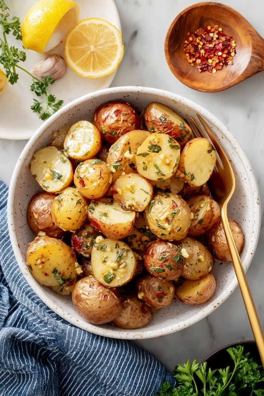 A white speckled bowl filled with two layers of small roasted potatoes, some whole and some sliced in half, showing their golden brown and slightly crispy skin with a soft-looking inner texture. The potatoes are sprinkled evenly with small green herb bits and minced garlic or seasoning. A golden spoon and fork rest inside the bowl on top of the potatoes. The bowl sits on a white marbled surface next to a small wooden dish with red chili flakes, a sprig of green parsley, two lemon halves, and a blue and white striped cloth nearby. Photo taken with an iphone --ar 2:3 --v 7 - Oven Roasted Potatoes with Lemon Herb Dressing, crispy roasted potatoes, lemon herb potato side dish, easy roasted potato recipe, healthy potato side