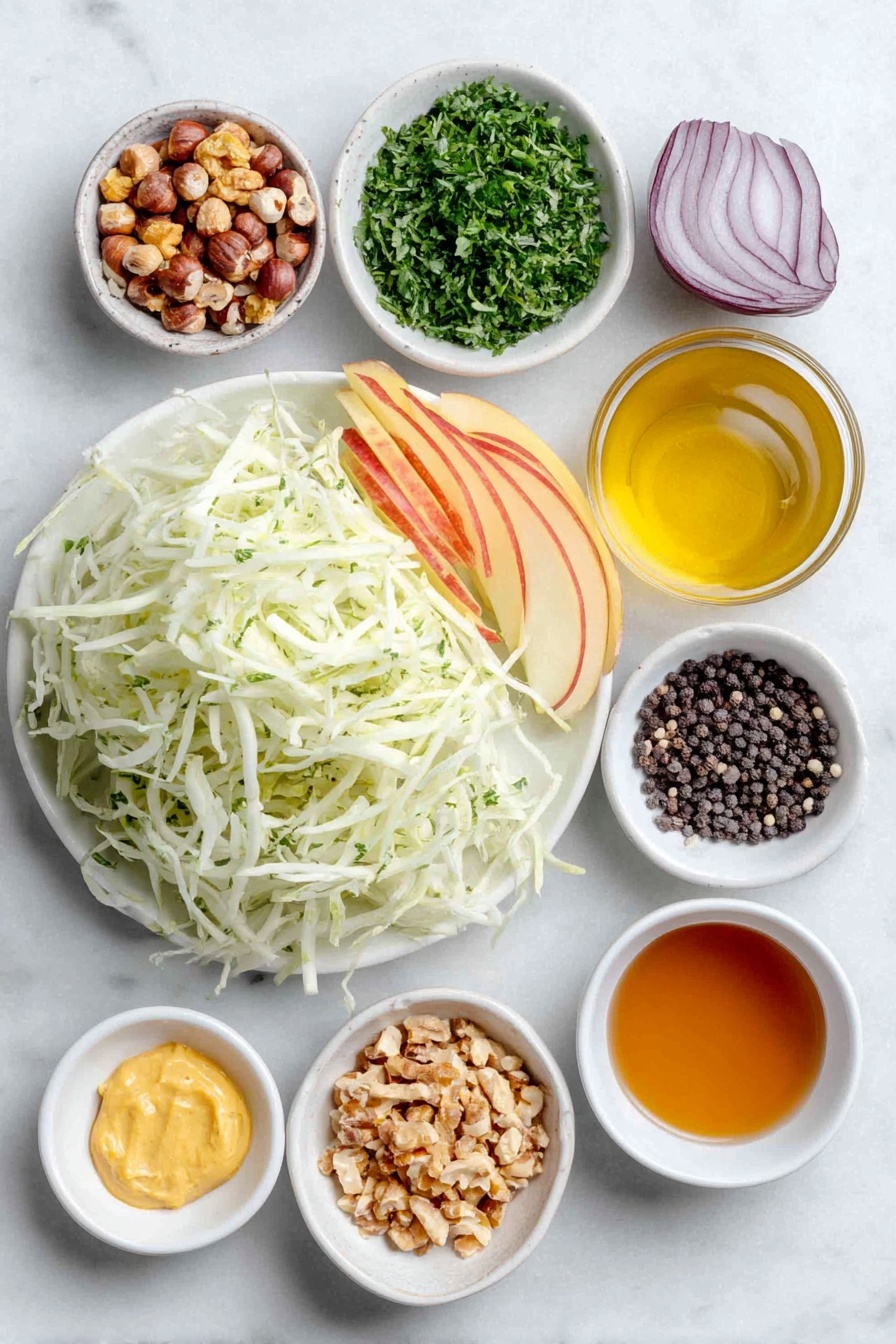 Flat lay of a large fresh green kohlrabi peeled and cut into matchsticks, a crisp red apple sliced into matchsticks, thinly sliced vibrant red onion, a small pile of toasted chopped hazelnuts, finely chopped bright green parsley, whole grain mustard dolloped on a white ceramic plate, a few whole black peppercorns scattered beside a small white ceramic bowl of golden extra-virgin olive oil, a small white ceramic bowl of amber honey, another small white bowl filled with pale apple cider vinegar, and a small white ceramic bowl of fine sea salt, all arranged in perfect symmetry on a clean white marble surface, soft natural light, photo taken with an iPhone, professional food photography style, fresh ingredients, white ceramic bowls, no bottles, no duplicates, no utensils, no packaging --ar 2:3 --v 7 --p awthu7i m7354615311229779997 - Kohlrabi Slaw with Apples and Hazelnuts, crunchy healthy salad, easy vegetable slaw recipes, fresh apple kohlrabi salad, nutty summer slaw