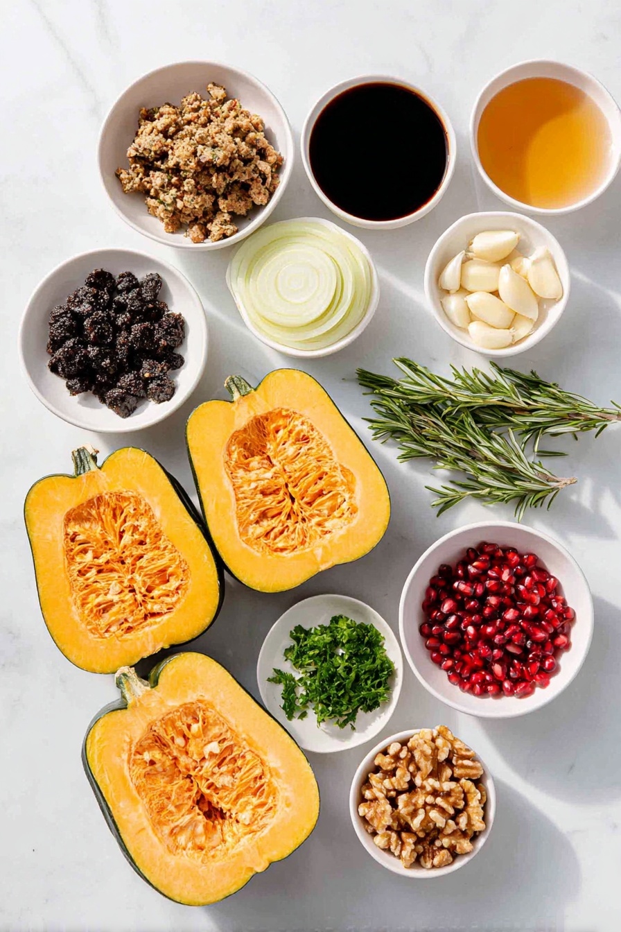 Flat lay of two halved acorn squashes with vibrant orange flesh and green ridged skins, a small pile of crumbled tempeh, a few whole cremini mushrooms with smooth brown caps, half a yellow onion with bright white and pale yellow layers, three uncracked garlic cloves with papery white skins, a small handful of coarsely chopped walnuts, a small white ceramic bowl of dark tamari sauce, a small white ceramic bowl of amber apple cider vinegar, a few sprigs of fresh green rosemary, a small pile of chopped sage leaves, a small white ceramic bowl filled with dried cranberries, fresh parsley sprigs with bright green leaves, and several glossy red pomegranate arils scattered nearby, all arranged in perfect symmetry on simple white ceramic dishes and bowls, placed on a clean white marble surface, soft natural light, photo taken with an iPhone, professional food photography style, fresh ingredients, white ceramic bowls, no bottles, no duplicates, no utensils, no packaging --ar 2:3 --v 7 --p awthu7i m7354615311229779997 - Stuffed Acorn Squash with Tempeh and Herbs, healthy stuffed acorn squash, vegan acorn squash recipe, fall vegetarian dinner, plant-based stuffed squash