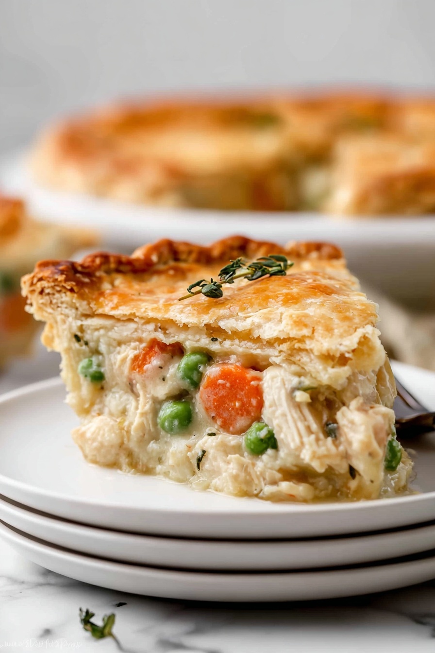 A golden brown pie with a flaky, slightly cracked crust showing a creamy white filling inside, filled with chunks of light-colored chicken, bright orange carrots, and green peas, partially scooped out revealing the thick, smooth texture of the inside layers; topped with small sprigs of fresh green herbs, the pie sits in a clear glass dish on a white marbled surface with a black cooling rack partly visible underneath, photo taken with an iphone --ar 2:3 --v 7 - Homemade Chicken Pot Pie, chicken pot pie recipe, homemade pot pie filling, flaky chicken pie crust, comfort food recipes