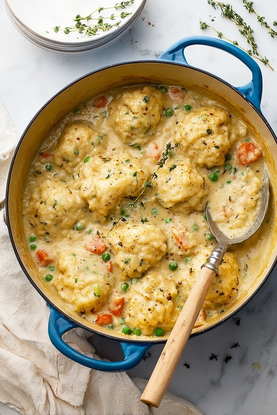 A large blue round pot filled with a creamy stew showing about 15 soft yellow biscuit dumplings sitting on top in a thick light brown sauce with small pieces of orange carrots, green peas, and bits of herbs like thyme sprinkled throughout. A silver spoon with a wooden handle rests inside the pot among the dumplings. The pot sits on cream fabric placed on a white marbled surface, with white stacked plates in the top left corner and small sprigs of fresh thyme nearby photo taken with an iphone --ar 2:3 --v 7 - Creamy Chicken and Dumplings Soup, Creamy Chicken and Dumplings, comforting chicken soup with dumplings, hearty chicken and dumplings recipe, easy creamy chicken soup