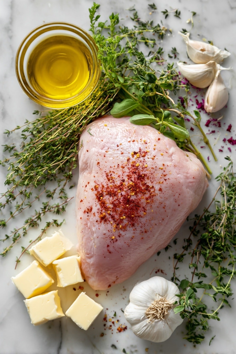 Flat lay of a large raw boneless turkey breast with a smooth pale pink surface, scattered bright red smoked paprika powder, fresh green Italian seasoning herbs including thyme, rosemary, and oregano sprigs, small delicate light green tarragon leaves, two whole unpeeled garlic cloves with white papery skin, a few cubes of creamy pale yellow unsalted butter, and a small glass bowl of golden olive oil, all naturally arranged with some herbs gently overlapping the turkey, placed on white marbled surface, photo taken with an iphone --ar 2:3 --v 7 - Instant Pot Turkey Breast with Rich Gravy, quick turkey breast recipe, easy pressure cooker turkey, moist turkey breast Instant Pot, flavorful turkey gravy recipe