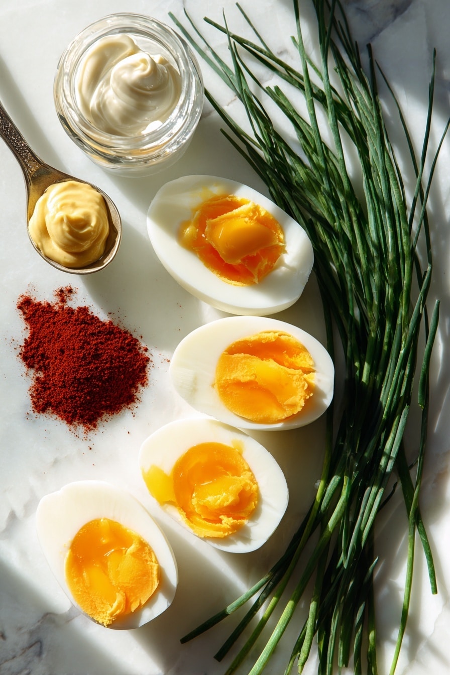 Flat lay of six large hard boiled eggs halved with smooth, creamy bright yellow-orange yolks, small bunches of fresh vibrant green chives cut into short pieces, a small heap of deep red smoked paprika powder with a fine texture, a dollop of glossy white mayonnaise, a small spoon of rich golden yellow mustard, and a clear glass vial of white vinegar, all beautifully arranged with natural light casting soft shadows, placed on white marbled surface, photo taken with an iphone --ar 2:3 --v 7 - Pumpkin Deviled Eggs, festive deviled eggs, fall appetizer ideas, easy pumpkin snacks, creative deviled egg recipes