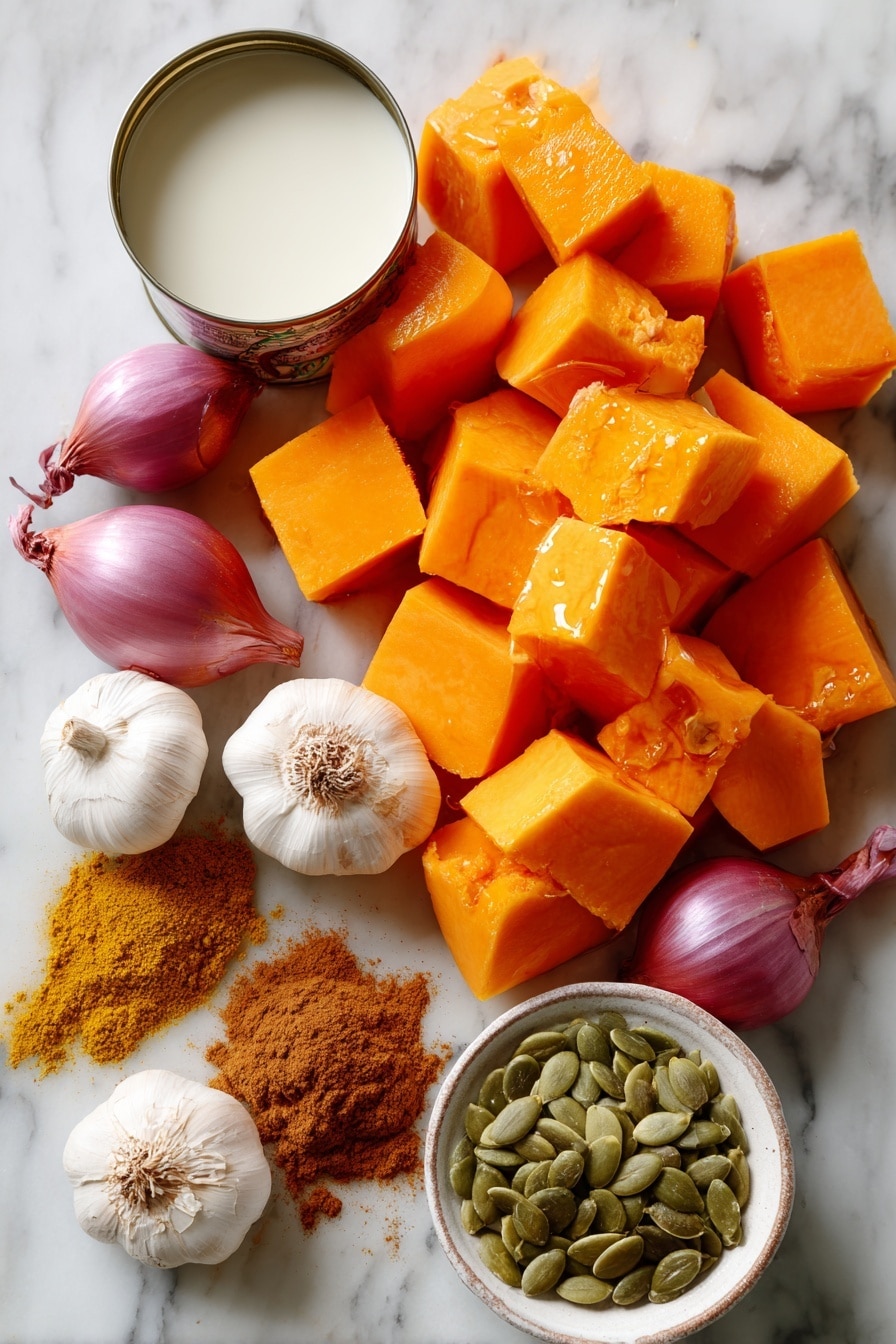 Flat lay of bright orange butternut squash chunks with smooth skin and firm texture, small glossy shallots with purple skins and delicate layers, fresh garlic cloves with papery white skins, a small heap of golden curry powder with a fine texture, warm brown cinnamon powder in a soft pile, a creamy white can of coconut milk with a shiny surface, amber-colored maple syrup glistening in a small puddle, and a few vibrant green fresh pumpkin seeds with a matte finish, all arranged naturally with some overlapping and spaced thoughtfully to show color contrast, placed on white marbled surface, photo taken with an iphone --ar 2:3 --v 7 - Curried Butternut Squash Soup, butternut squash soup with curry, cozy fall soups, healthy fall soup recipes, creamy butternut squash soup