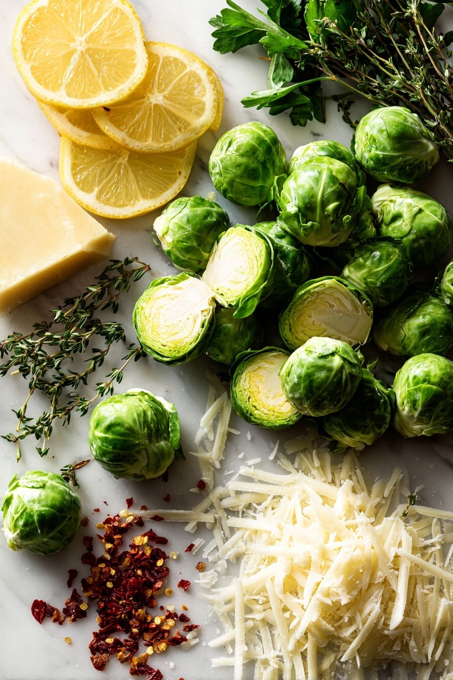 Flat lay of fresh green Brussels sprouts halved to show their tight leafy layers, bright yellow lemon slices with textured skin and vibrant zest curls, small piles of finely grated white Parmesan cheese, scattered fresh thyme sprigs with tiny green leaves, fresh flat-leaf parsley bunch with crisp bright leaves, and a few red chili flakes adding a pop of deep red color, all naturally arranged with soft shadows to highlight their textures, placed on white marbled surface, photo taken with an iphone --ar 2:3 --v 7 - Lemon Parmesan Roasted Brussels Sprouts, crispy Brussels sprouts with lemon and Parmesan, easy Brussels sprouts side dish, healthy roasted Brussels sprouts, flavorful Brussels sprouts recipe