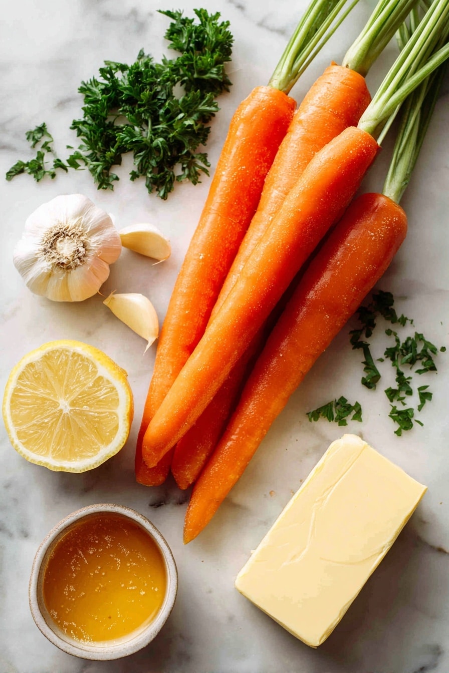 Flat lay of fresh whole medium carrots with bright orange color and smooth texture, three peeled garlic cloves showing their creamy white interior, a small half lemon with vibrant yellow skin and juicy pulp, a handful of chopped green parsley leaves scattered delicately, a small pile of golden honey glistening in a natural drip, and a slab of pale yellow unsalted butter with a soft, creamy surface, all beautifully arranged with natural spacing and gentle shadows, placed on white marbled surface, photo taken with an iphone --ar 2:3 --v 7 - Honey Glazed Carrots, roasted carrot side dish, easy veggie side, sweet glazed carrots, healthy roasted carrots