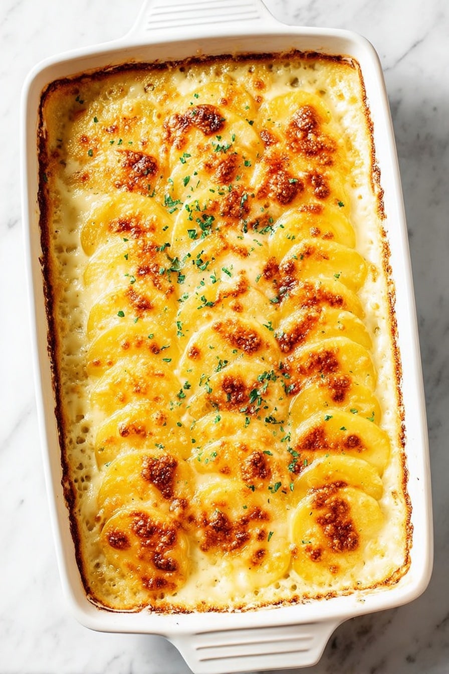 The image shows a close-up of a cheesy potato gratin in a cream-colored rectangular baking dish with a red handle. The dish has thin golden-yellow potato layers, some with browned, bubbly, and slightly crispy edges. Fresh green herb bits are sprinkled on top, adding a pop of color. A metal spatula is lifting a serving from the dish, revealing soft, creamy layers of tender potatoes beneath the browned cheese crust on a white marbled surface. Photo taken with an iphone --ar 2:3 --v 7 - Easy Cheesy Scalloped Potatoes, cheesy scalloped potatoes, creamy scalloped potatoes, make-ahead scalloped potatoes, comforting potato side dish