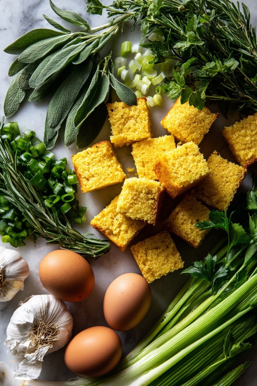 Flat lay of golden cubed cornbread pieces, vibrant green fresh sage leaves, rosemary sprigs with needle-like leaves, bright yellow chopped onion chunks, crisp pale green celery stalks, bunches of leafy parsley in deep green, freshly grated white garlic cloves, and large brown eggs with smooth shells, all naturally arranged with soft shadows and varied textures to highlight their freshness, placed on white marbled surface, photo taken with an iphone --ar 2:3 --v 7 - Cornbread Stuffing, Holiday Cornbread Stuffing, Southern Cornbread Side Dish, Herb Cornbread Casserole, Moist Cornbread Dressing