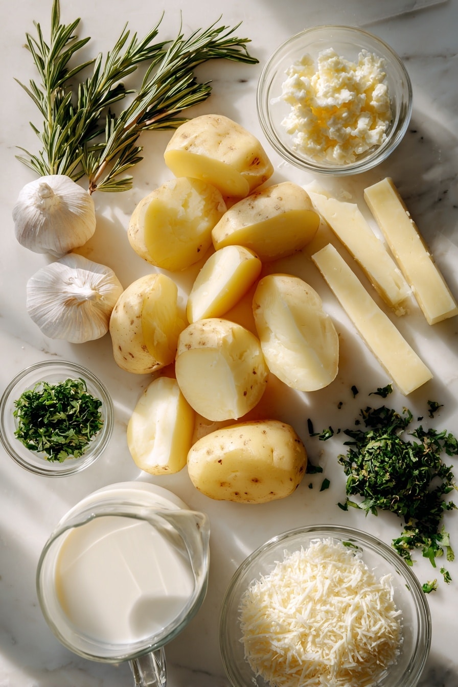 Flat lay of peeled Yukon Gold potatoes cut into large pieces with smooth, pale yellow flesh, whole sticks of golden salted butter, fresh garlic cloves and a small heap of finely minced garlic showing creamy white cloves, a small pile of chopped fresh green rosemary and parsley herbs, a mound of grated pale ivory Parmesan cheese, a glass container of rich heavy cream with soft white color, and a small jug of whole milk with a creamy texture, all arranged naturally with gentle shadows cast softly, placed on white marbled surface, photo taken with an iphone --ar 2:3 --v 7 - Creamy Garlic Mashed Potatoes, garlic mashed potatoes, easy mashed potato recipe, buttery mashed potatoes, flavorful mashed potatoes