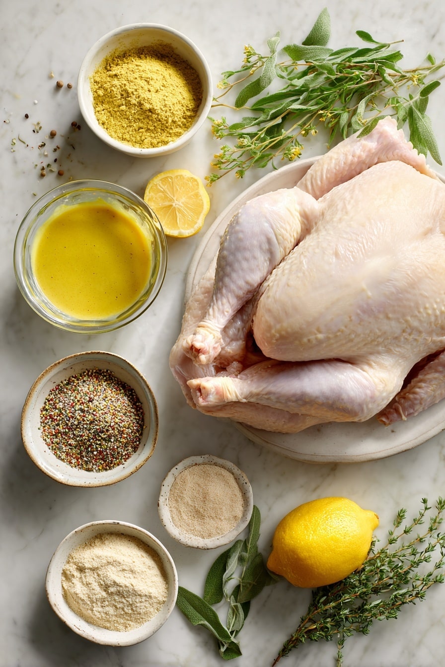 Flat lay of a fresh whole raw turkey with smooth, pale skin, surrounded by small bowls of lemon pepper seasoning with a mix of yellow and black specks, poultry seasoning in a light brown powder, garlic powder and onion powder both in fine pale yellow textures, a small glass of bright yellow Dijon mustard, a wedge of vibrant yellow lemon, and fresh sprigs of green herbs scattered naturally, all placed on white marbled surface, photo taken with an iphone --ar 2:3 --v 7 - Deep Fried Turkey, crispy turkey recipe, juicy fried turkey, Thanksgiving turkey, how to fry a turkey