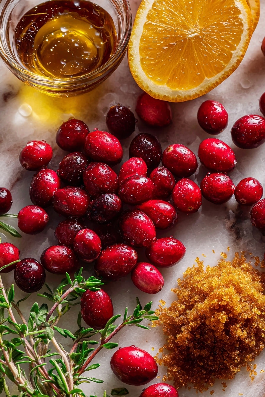 Flat lay of bright red fresh cranberries with tiny water droplets, a halved vibrant orange showing its juicy, textured flesh alongside a small pile of finely grated orange zest in vivid orange tones, a rustic mound of rich dark brown sugar crystals with a slightly sticky texture, and a small glass dish of golden vanilla extract with smooth, glossy surface, all naturally arranged with sprigs of fresh green herbs gently scattered for contrast, placed on white marbled surface, photo taken with an iphone --ar 2:3 --v 7 - Easy Cranberry Sauce, Cranberry Sauce Recipe, homemade cranberry sauce, holiday cranberry sauce, quick cranberry sauce