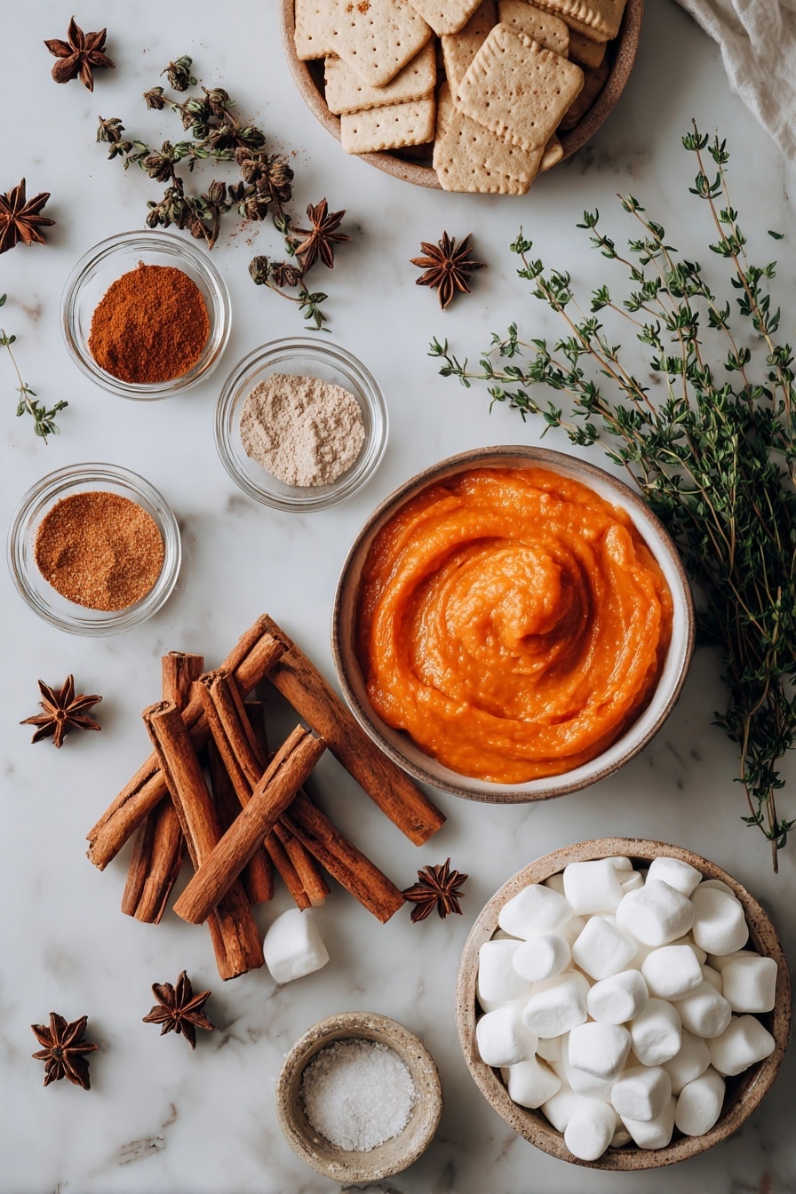 Flat lay of smooth, bright orange pumpkin purée next to whole cinnamon sticks with their warm brown, woody texture, scattered star anise pods adding dark brown, star-shaped contrast, small bowls of ground nutmeg and cloves showing fine tan and deep reddish-brown powders, a handful of soft white marshmallows with their pillowy texture, a cluster of mini golden graham crackers with a crumbly surface, and fresh cream swirled gently to show its rich white color, all beautifully arranged with some sprigs of fresh green thyme for a pop of color, placed on white marbled surface, photo taken with an iphone --ar 2:3 --v 7 - No-Bake Pumpkin Pie, easy pumpkin pie dessert, no-bake pumpkin pie recipe, quick fall desserts, pumpkin spice pie