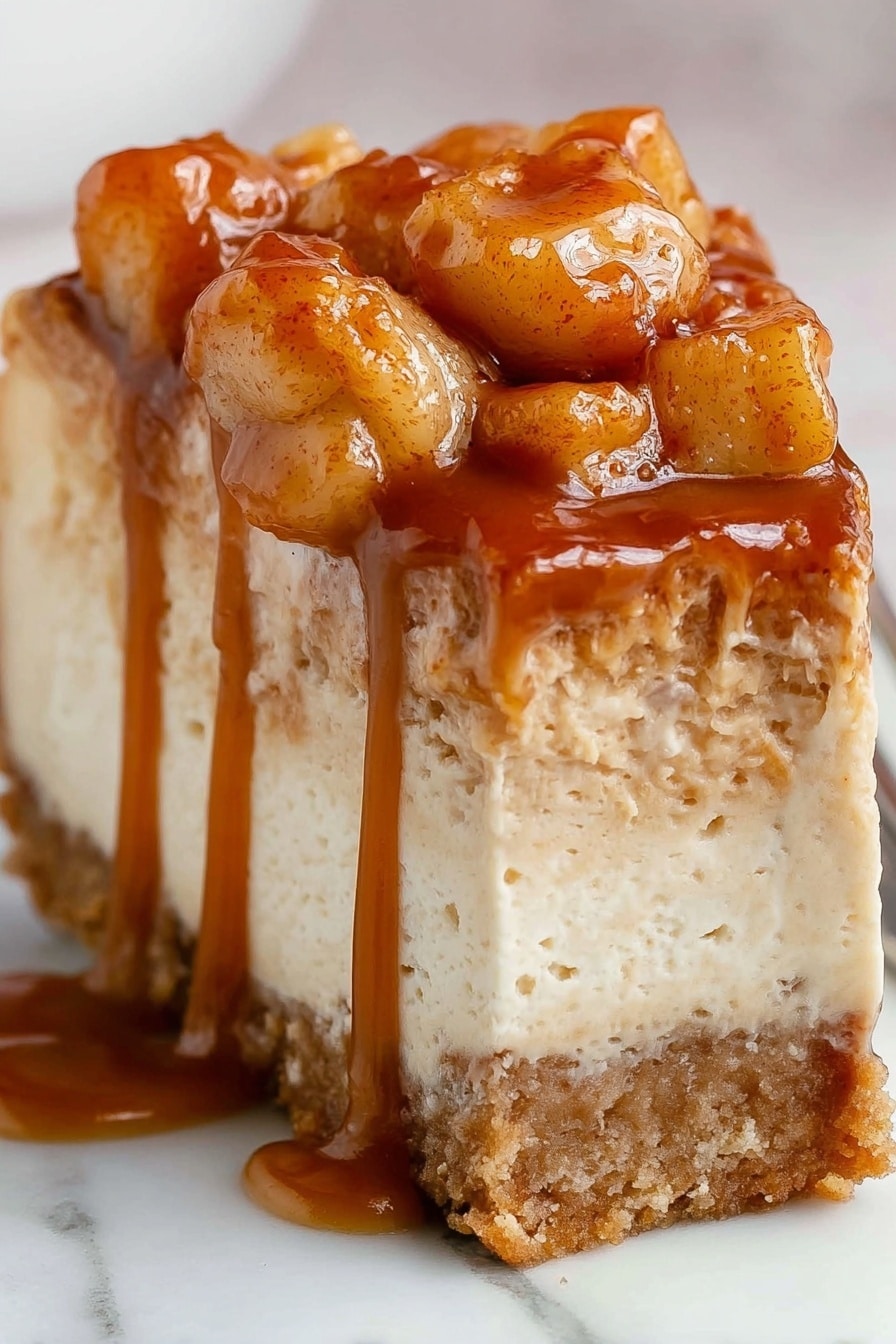 A close-up slice of a dessert with three layers: the bottom layer is a dense, crumbly crust in light brown, the middle layer is a thick, creamy, pale beige filling with a smooth texture, and the top layer has golden brown soft chunks that look like cooked fruit, covered in a glossy caramel sauce dripping down the sides. The dessert is on a white marbled surface. photo taken with an iphone --ar 2:3 --v 7 - Caramel Apple Cheesecake, fall dessert recipes, homemade caramel sauce, apple cheesecake dessert, easy cheesecake ideas