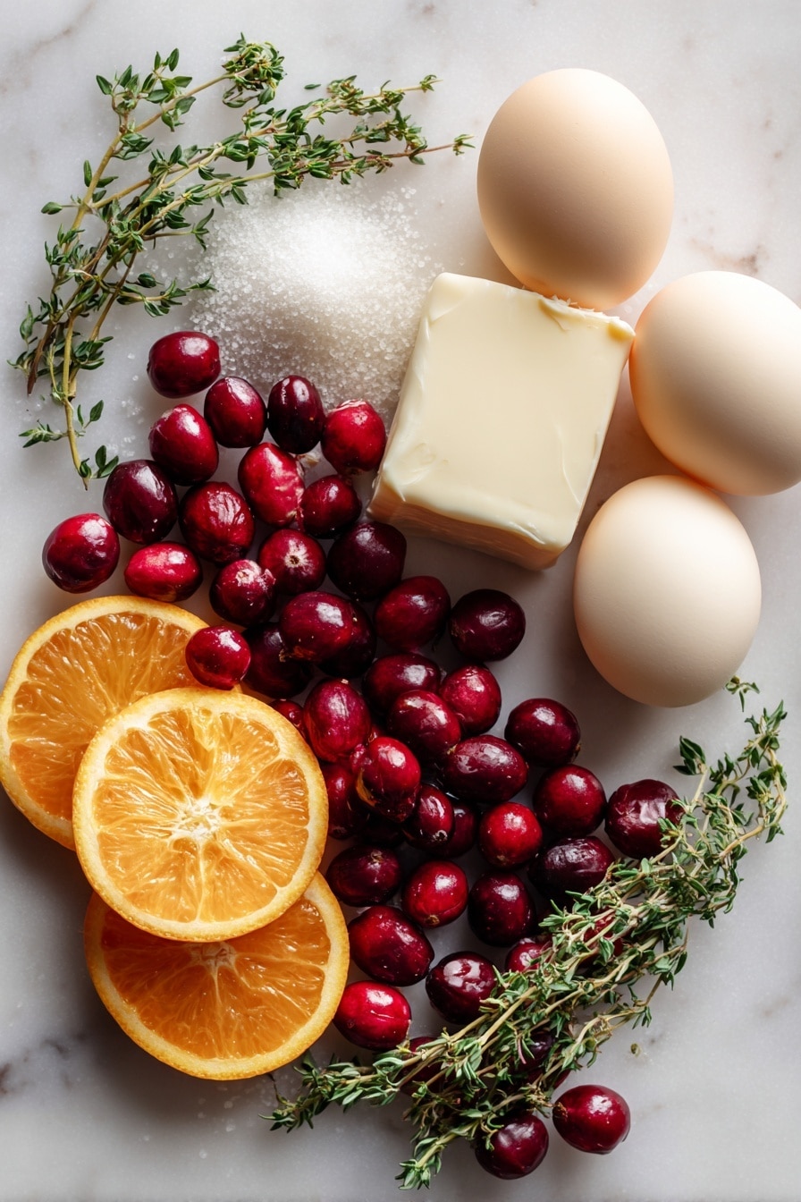 Flat lay of fresh whole cranberries with their deep red color and glossy texture, bright orange halves and thin orange zest strips showing vibrant citrus peel, smooth cream cheese block in soft ivory tone, plump whole eggs with light beige shells, sprigs of fresh green thyme with delicate leaves, and a small mound of granulated sugar sparkling subtly, all beautifully arranged with natural spacing and contrast, placed on white marbled surface, photo taken with an iphone --ar 2:3 --v 7 - Cranberry Orange Cake with Cream Cheese Buttercream, festive holiday cake with cranberries, citrus-flavored cake, moist cranberry orange dessert, easy holiday cake recipe