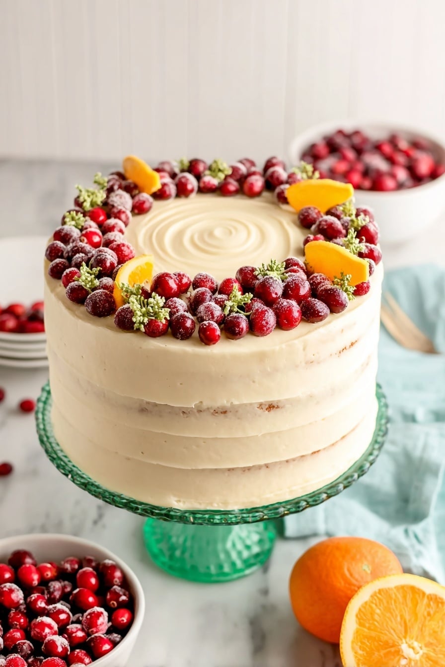A tall, four-layer cake is covered smoothly with light cream-colored frosting that has subtle horizontal lines on the sides and a spiral swirl on top center. Around the top edge, there is a ring of fresh bright red and dark red cranberries mixed with small green herb sprigs and a few orange slices arranged evenly. The cake is placed on a white marbled surface on a transparent green glass cake stand. Nearby, a white bowl full of fresh red cranberries and a halved bright orange with a light blue cloth beneath it are visible. Photo taken with an iphone --ar 2:3 --v 7 - Cranberry Orange Cake with Cream Cheese Buttercream, festive holiday cake with cranberries, citrus-flavored cake, moist cranberry orange dessert, easy holiday cake recipe