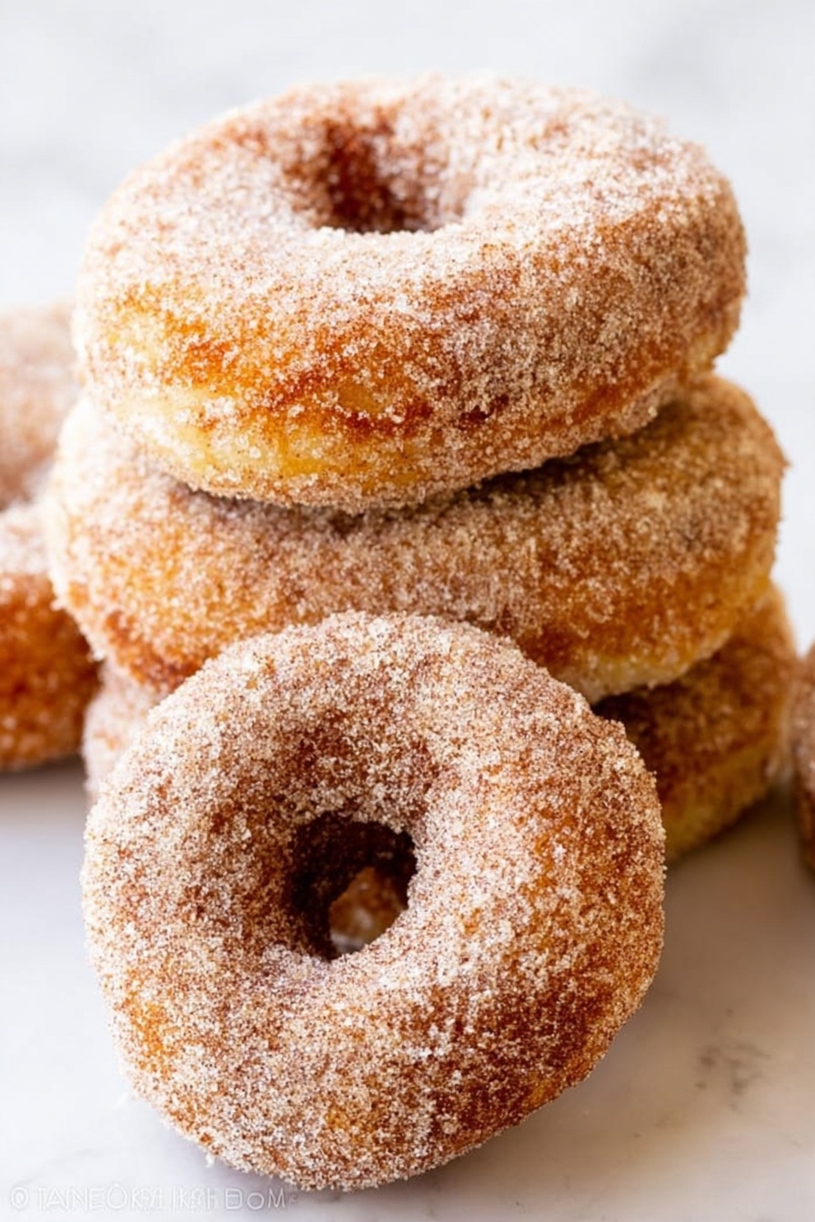 The image shows several round doughnuts with a light brown, crispy outside covered in a layer of sugar. One doughnut is broken in half, showing a soft, light yellow inside with a slightly crumbly texture. The doughnuts are placed directly on a white marbled surface without any plate or bowl. The sugar coating looks grainy and gives a sparkling effect under the light. photo taken with an iphone --ar 2:3 --v 7 - Baked Cinnamon Sugar Donuts, Easy baked donuts, Soft cinnamon donuts, Homemade baked donuts recipe, No-fry donut recipe