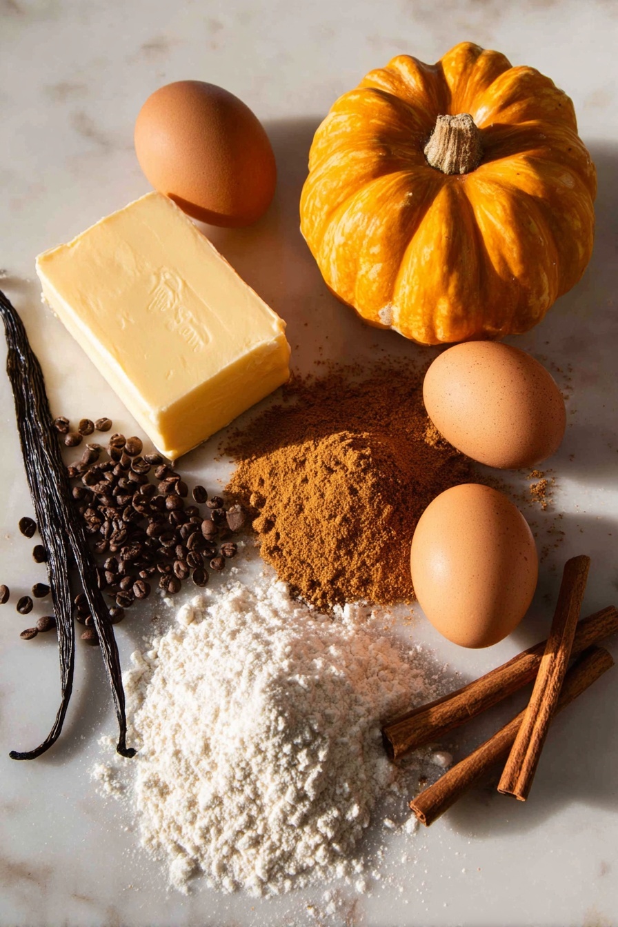 Flat lay of a soft golden block of unsalted butter, a small mound of rich dark brown sugar with sparkling deep amber crystals, a vibrant orange pumpkin with smooth skin beside a scattering of warm brown pumpkin spice powder and ground cinnamon dust, two fresh brown-speckled eggs with shiny shells, a vanilla bean pod with glossy black seeds spilling out, a delicate heap of fine white all-purpose flour, and a few cinnamon sticks with textured bark, all beautifully arranged with natural light and soft shadows, placed on white marbled surface, photo taken with an iphone --ar 2:3 --v 7 - Pumpkin Spice Cookies, Fall Cookies Recipe, Chewy Pumpkin Cookies, Easy Pumpkin Cookies, Seasonal Pumpkin Cookies