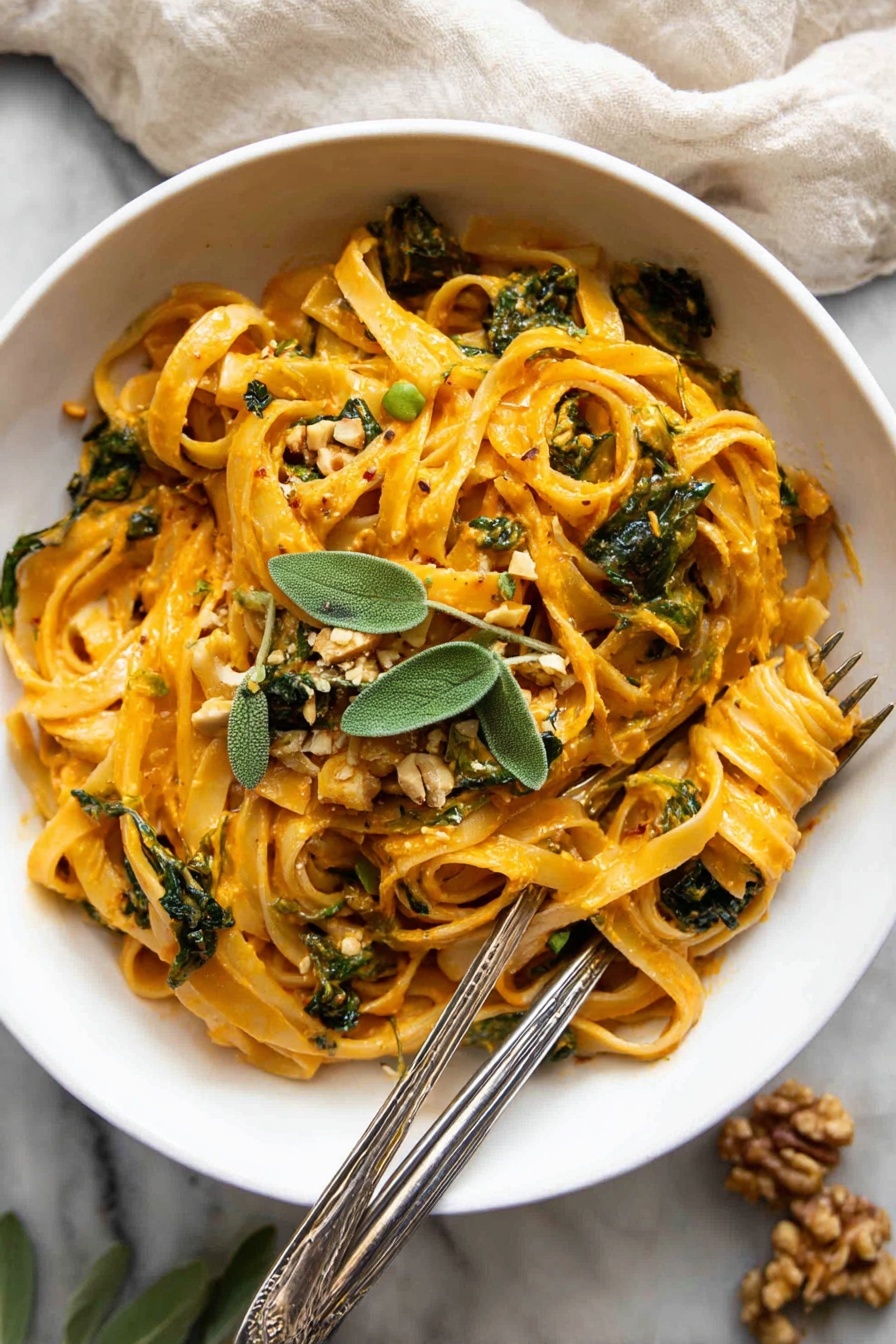 A close-up of a white bowl filled with thick fettuccine pasta coated in a creamy orange sauce, layered with wilted dark green spinach leaves scattered throughout. The pasta is topped with light brown chopped nuts and dark green pumpkin seeds, along with fresh sage leaves placed on top as garnish. A fine sprinkle of grated white cheese is spread evenly over the dish. The bowl sits on a white marbled surface. photo taken with an iphone --ar 2:3 --v 7 - Pumpkin Pasta, Pumpkin Pasta Recipe, Fall Pasta Dish, Creamy Pumpkin Pasta, Easy Pumpkin Pasta