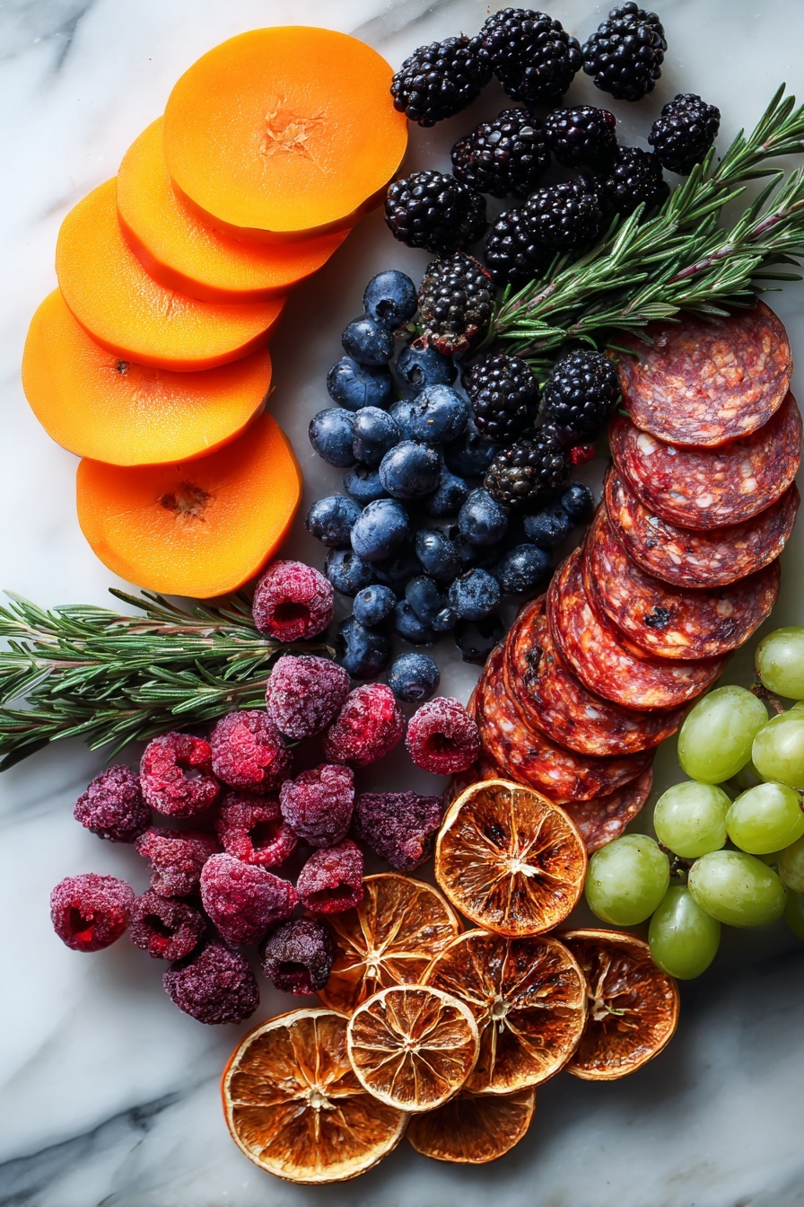 Flat lay of sliced bright orange persimmon wedges with smooth skin, plump deep blue blueberries, glossy dark blackberries, vibrant red raspberries, jewel-like ruby pomegranate quarters glistening with seeds, small clusters of green Thomcord grapes with a matte finish, folded thin slices of rich red and marbled salami, sprigs of fresh green rosemary with needle-like leaves, and cinnamon-hued dried orange slices showing textured rind, all naturally arranged with space between each, placed on white marbled surface, photo taken with an iphone --ar 2:3 --v 7 - Fall Cheese Board, Autumn Cheese Platter, Fall Charcuterie Board, Seasonal Cheese Display, Fall Party Appetizer