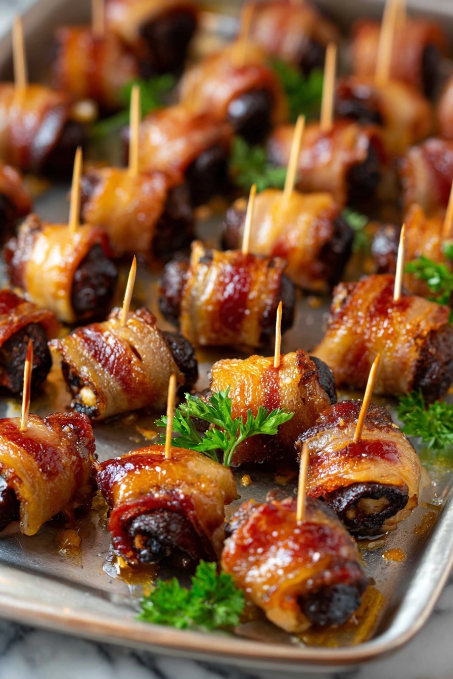 The image shows many small pieces of food neatly arranged on a metal tray with a few green parsley leaves scattered around. Each piece has a dark brown or almost black center, which is wrapped tightly in a shiny, golden-brown layer of cooked bacon held together with a small wooden toothpick. The bacon appears crispy and slightly glistening with moisture. The pieces are closely packed in rows, filling the tray, and the background features a white marbled surface. The overall look is warm and inviting. photo taken with an iphone --ar 2:3 --v 7 - Bacon-Wrapped Dates Stuffed with Goat Cheese and Drizzled with Maple Syrup, bacon-wrapped date appetizers, goat cheese stuffed dates, sweet and salty appetizer, easy bacon date bites