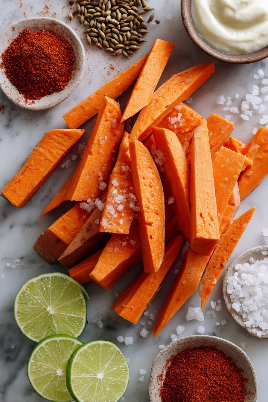 Flat lay of bright orange sweet potatoes cut into sticks with smooth deep orange skin and vibrant flesh, scattered with coarse kosher salt crystals; a small heap of reddish-brown chipotle powder and chili powder with a fine, dusty texture; fresh green lime halves showing juicy, textured pulp; a dollop of creamy white mayonnaise subtly glossy with a silky texture; a sprinkle of paprika in warm red tones; aromatic cumin seeds in warm brown shades; all ingredients naturally arranged with a balance of color and texture, placed on white marbled surface, photo taken with an iphone --ar 2:3 --v 7 - Sweet Potato Fries with Spicy Chipotle Lime Dipping Sauce, sweet potato fries, spicy chipotle lime dip, flavorful fry recipes, quick healthy snack