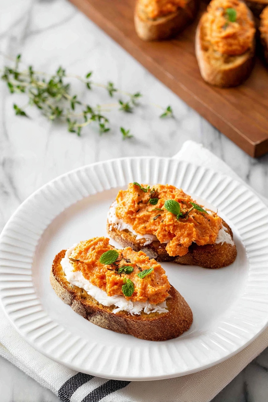The image shows two pieces of toasted bread with three layers on top, placed on a white plate with ridged edges. The bottom layer is golden brown toasted bread with a crispy texture, the middle layer is a soft white cheese spread evenly, and the top layer is an orange spread that looks like mashed vegetables garnished with small green mint leaves. In the background, there is a wooden board with more of the same bread pieces arranged on it, all on a white marbled surface, with a small sprig of green herbs near the plate. A white cloth with a black stripe is partly visible under the plate. Photo taken with an iphone --ar 2:3 --v 7 - Butternut Squash Crostini with Roasted Squash, Caramelized Shallots, and Fresh Mint, roasted butternut squash appetizer, elegant squash crostini, fall appetizer recipes, sophisticated party appetizers, easy roasted squash starters