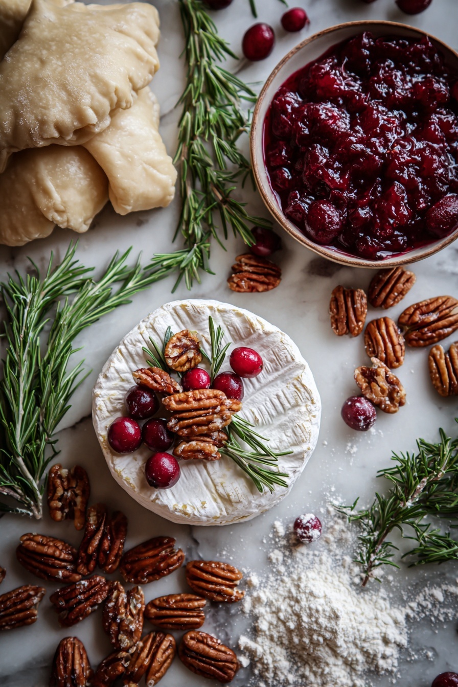 Flat lay of a creamy wheel of brie cheese with a smooth white rind, glossy deep red whole cranberries clustered in fresh cranberry sauce, rich brown roasted pecans with textured ridges, bright green fresh rosemary sprigs with needle-like leaves, soft beige crescent dough rolled out with a slightly flaky surface, and a dusting of fine white flour scattered gently around, all beautifully arranged in a natural, inviting way, placed on white marbled surface, photo taken with an iphone --ar 2:3 --v 7 - Cranberry Brie Bites, Easy Holiday Appetizer, Cranberry Brie Appetizer, Cheese and Cranberry Bites, Bite-sized Holiday Snacks