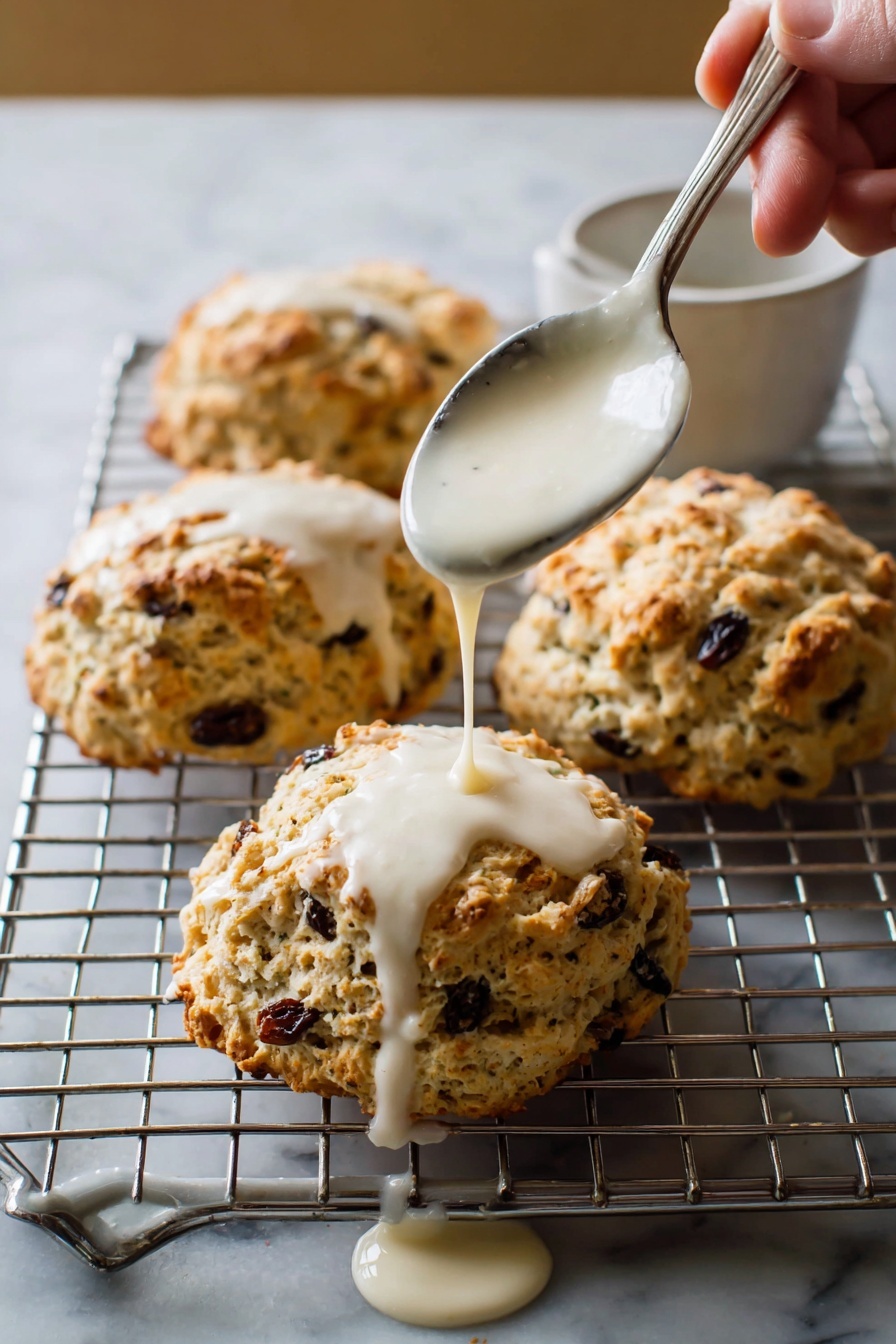 A baking tray with a white marbled surface holds a metal cooling rack with four golden-brown scones full of dark raisins. A woman's hand is holding a white spoon dripping thick, creamy white icing over the middle scone, with some icing falling onto the metal rack and the white marbled surface below. The scones have a rough texture with visible raisins, showing a contrast between the dry crumbly top and the shiny, smooth glaze dripping down. Photo taken with an iphone --ar 2:3 --v 7 - Glazed Oatmeal Maple Scones with Pecans & Currants, oat breakfast scones, maple scones with nuts and dried fruit, homemade pecan currant scones, comforting breakfast treats