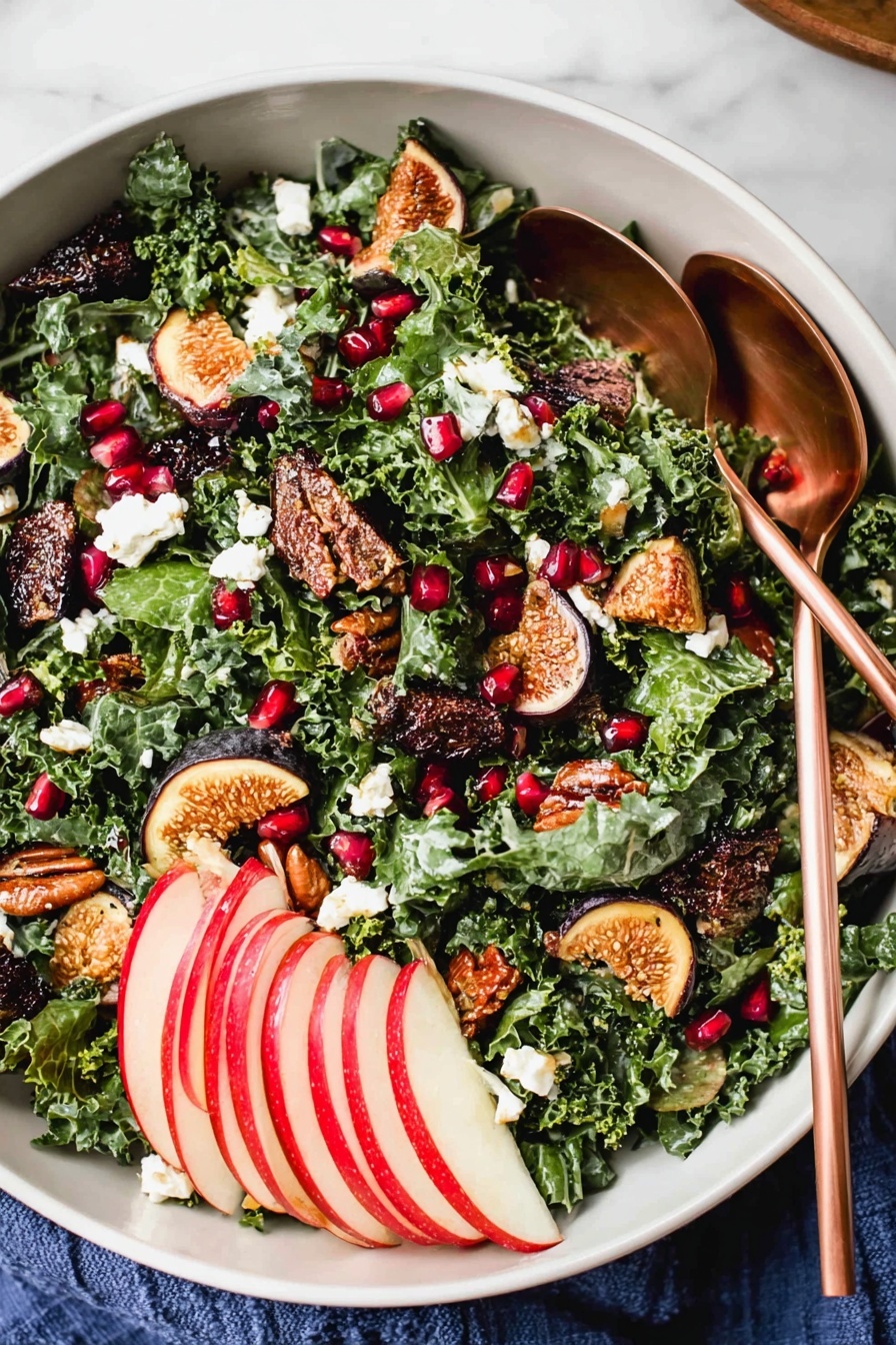 A large white bowl holds a fresh salad with three main layers: the base is bright green kale leaves with curly edges, on top are scattered dark brown pecans, small pieces of brown dried figs, and bright red pomegranate seeds. There are small white crumbles of cheese sprinkled evenly around the salad. On one side of the bowl, thin slices of red apple with light cream flesh are arranged in a fan shape. Two bronze salad forks rest inside the bowl on the right side. The bowl sits on a white marbled surface with small bowls of fig pieces, white cheese, and pomegranate seeds around it. Photo taken with an iphone --ar 2:3 --v 7 - Fall Harvest Kale Salad with Dried Figs Pomegranate and Toasted Pecans, healthy fall salads, seasonal kale salad recipes, tasty autumn salad ideas, nutritious kale salads with dried fruits